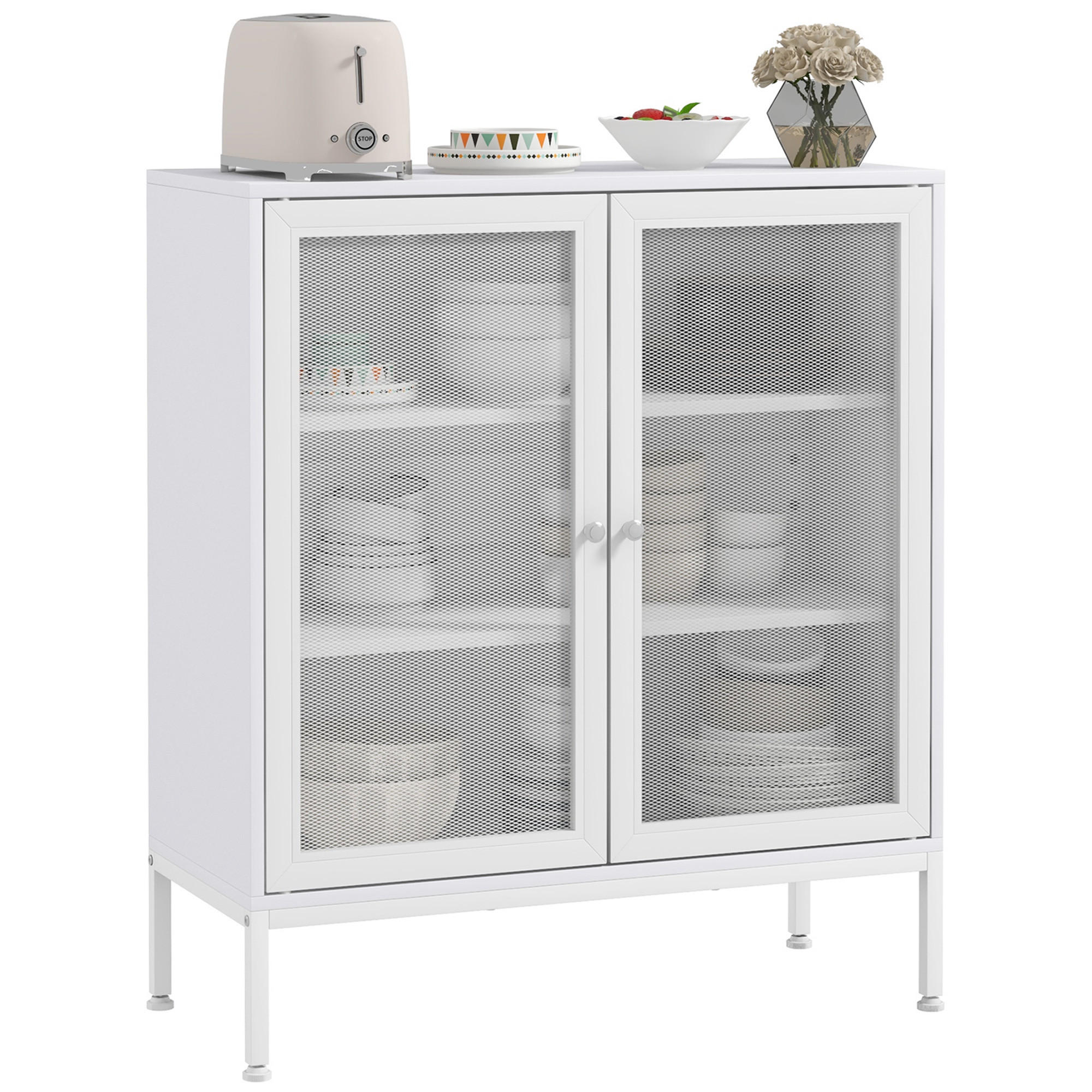 SIDEBOARD DE-11088 3 Ebenen, 2 Gittertüren & verstellbarer Boden Weiß - Weiß, Holzwerkstoff (37/92/80cm) - ComfortXL