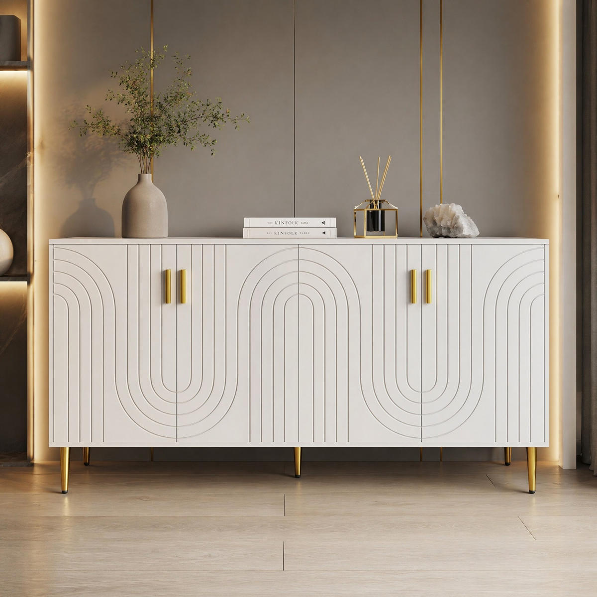 SIDEBOARD in Weiß Anrichte mit einzigartigem Wellendesign und goldenen Griffen für Wohnzimmer, B152/T40/H75 cm - Goldfarben/Weiß, Holzwerkstoff/Metall (152/75/40cm) - STILVORA