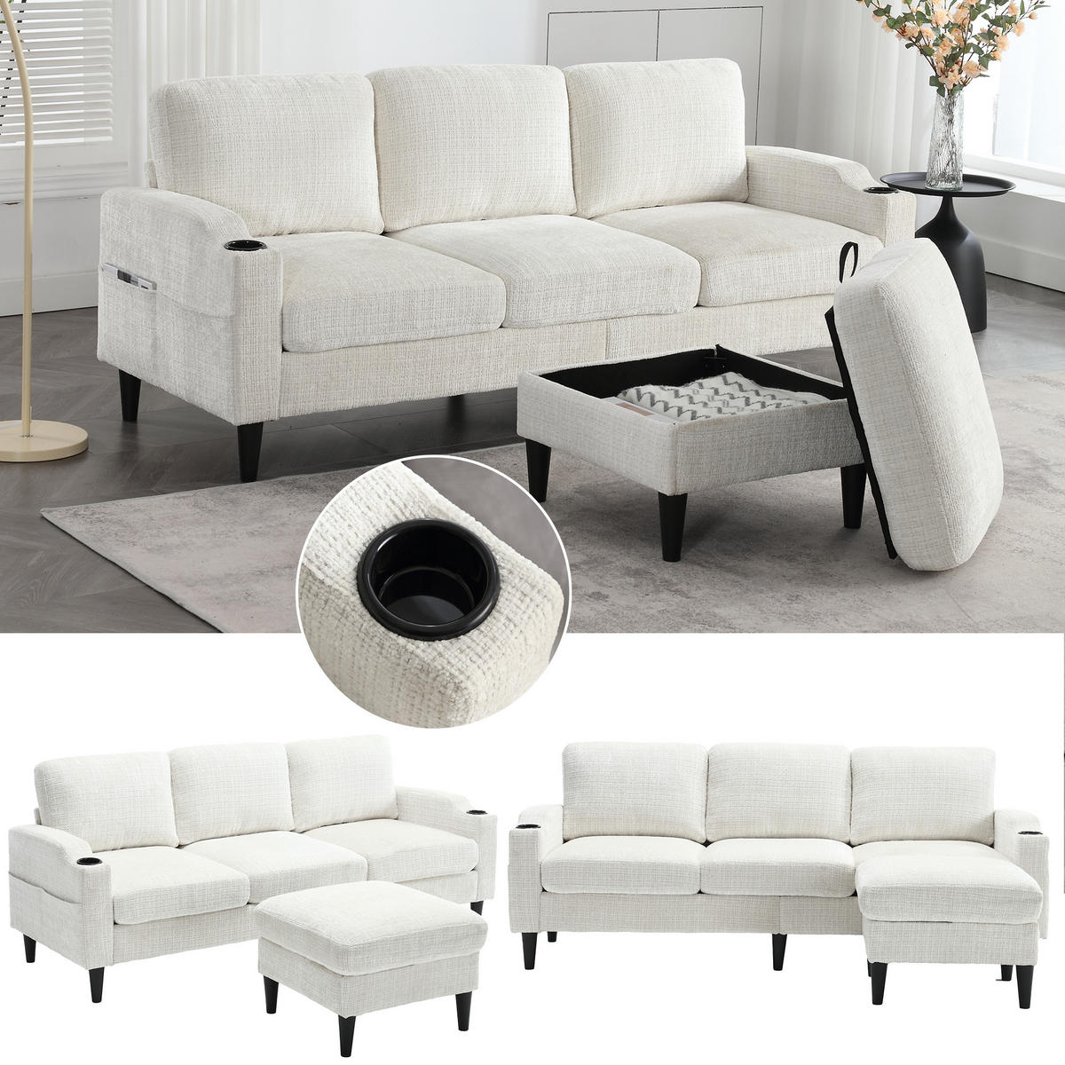 SITZGARNITUR 4-Sitzer Chenille Beige mit Hocker, Stauraum, Getränkehaltern und Seitentaschen - Beige, Holzwerkstoff/Kunststoff (196.5/77/75cm) - WISHDOR