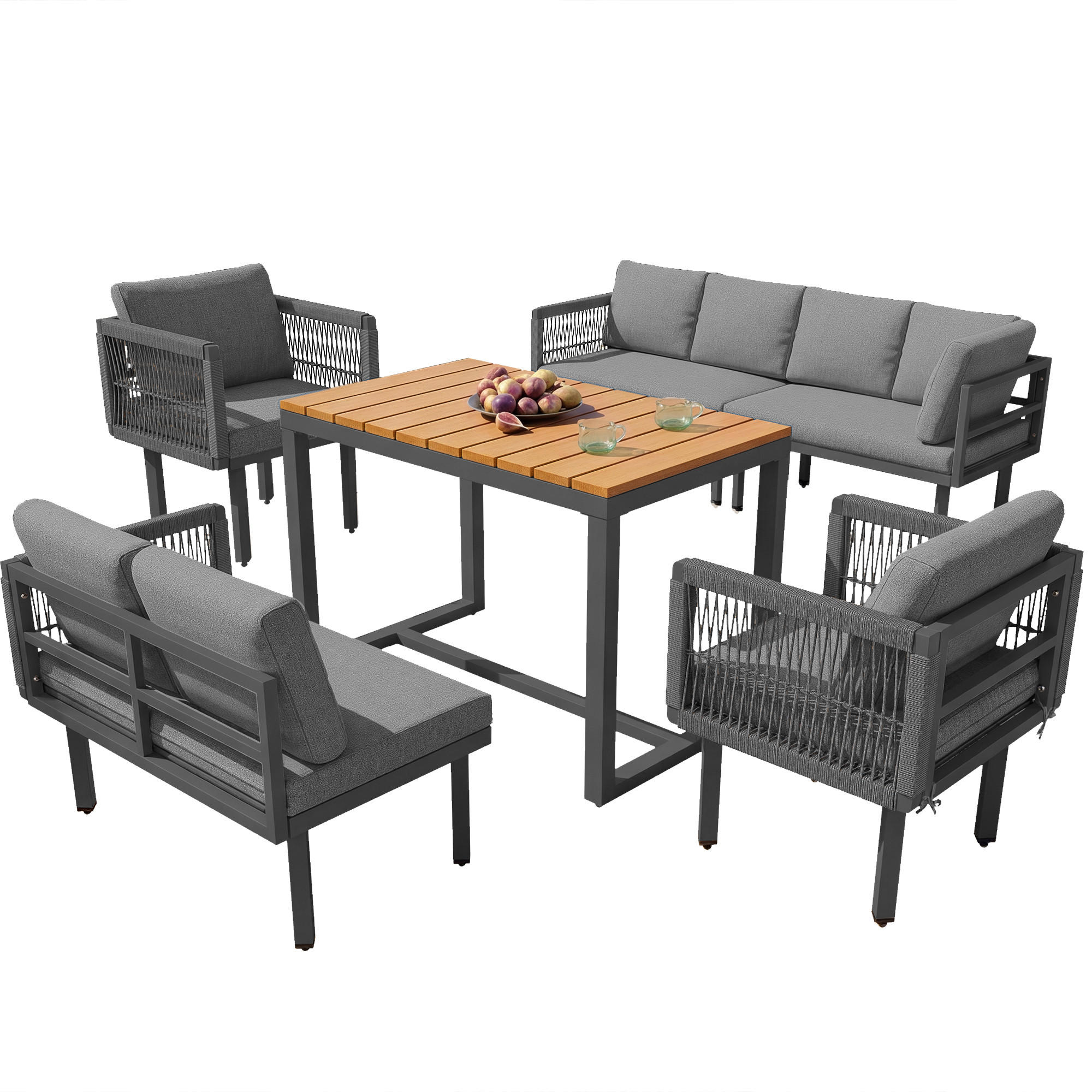 GARTENMÖBEL-SET 6-teiliges, Ecksofa mit 2 Sesseln & Tisch, wetterfestes Stahlgestell, Grey - Grau, Textil - Kaket