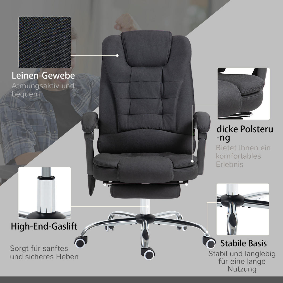 BÜROSTUHL mit Massagefunktion höhenverstellbar Stoff Black - Schwarz, Kunststoff (70/119/65cm) - Meubliv