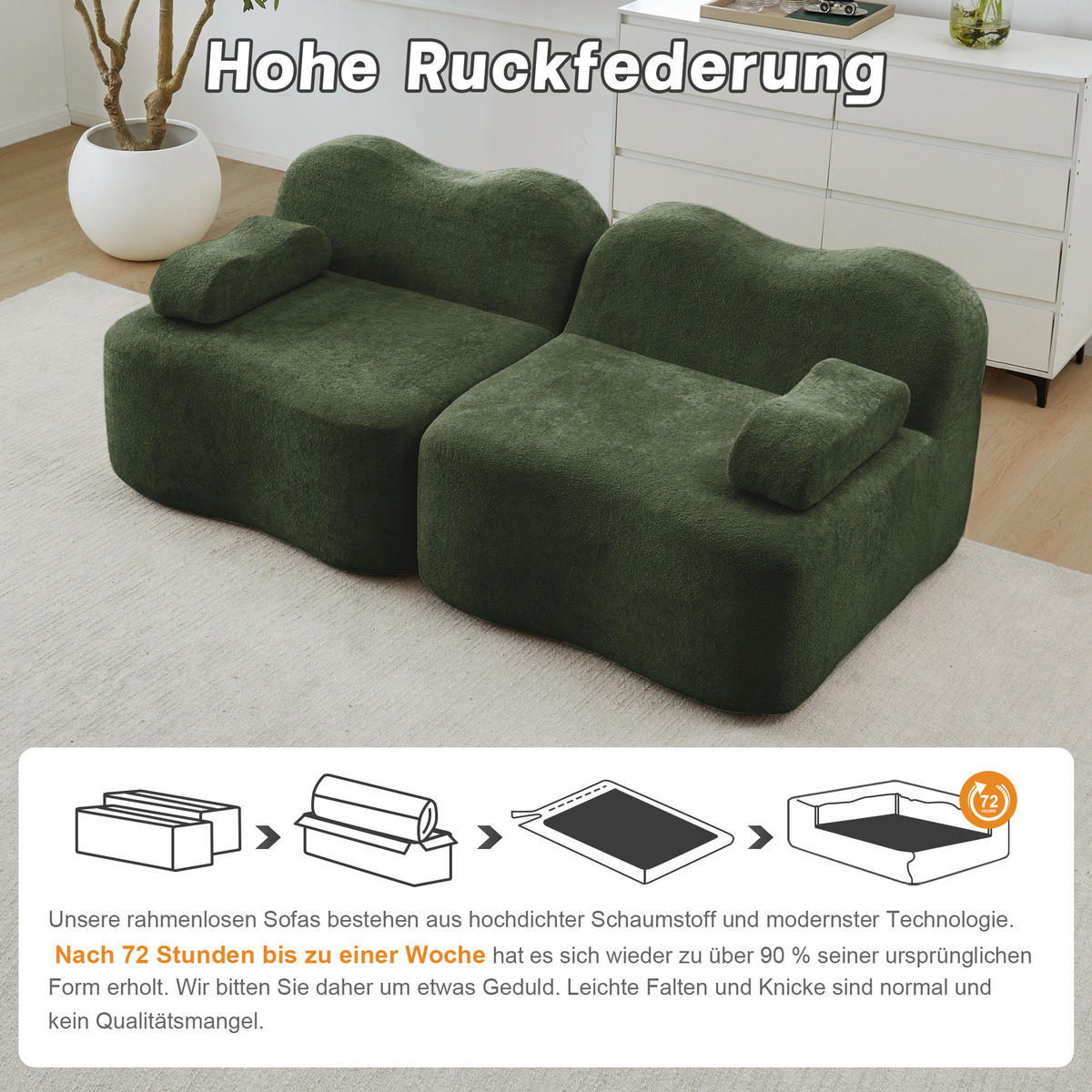 2-SITZER SOFA Modulares Boneless Samt Wellenform - Grün, Textil (192/70/98cm) - Urban Meuble