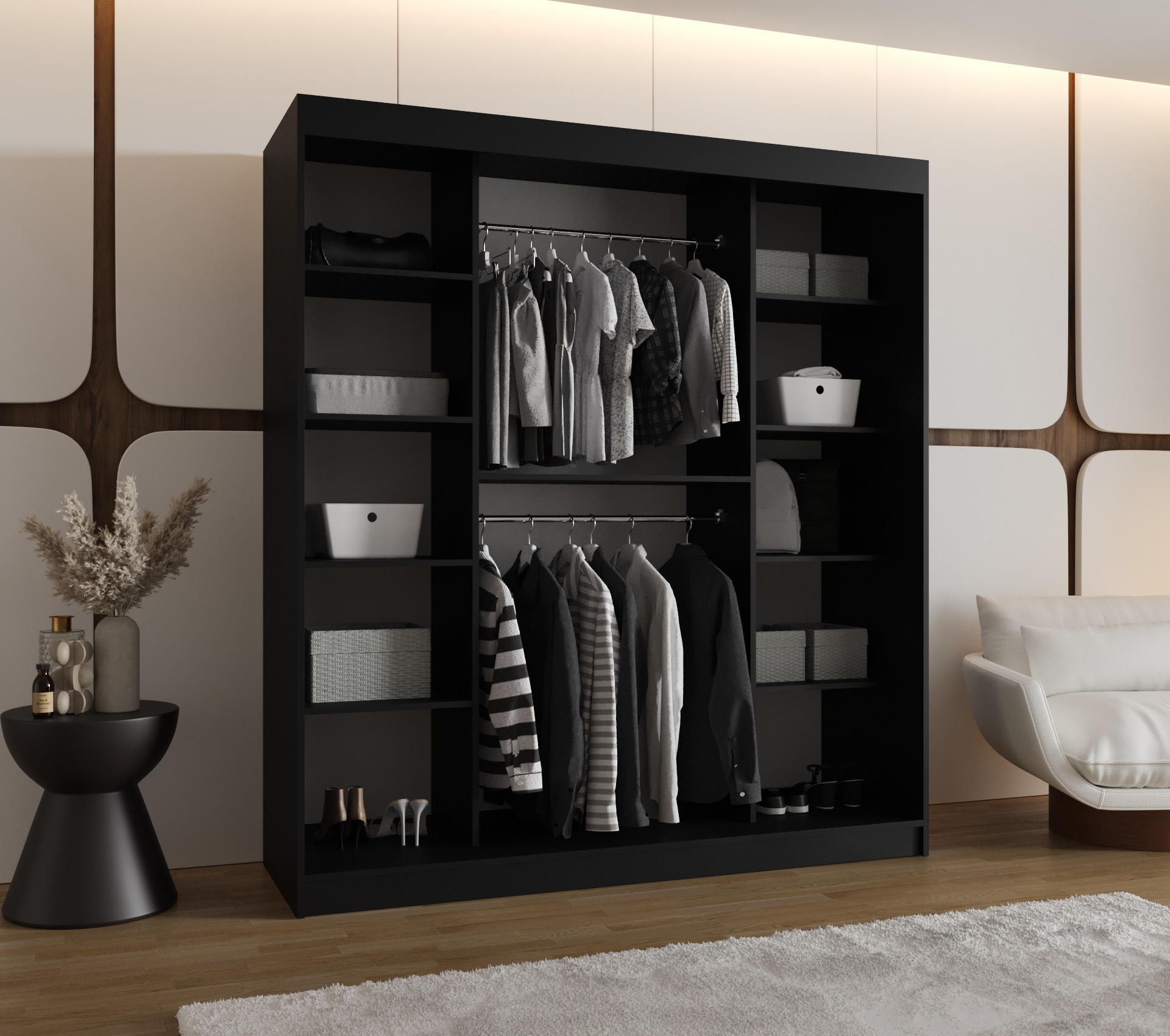SCHWEBETÜRENSCHRANK 200/180/62 2-türig - Schwarz, Holz (180/200/62cm) - Abiks Möbel