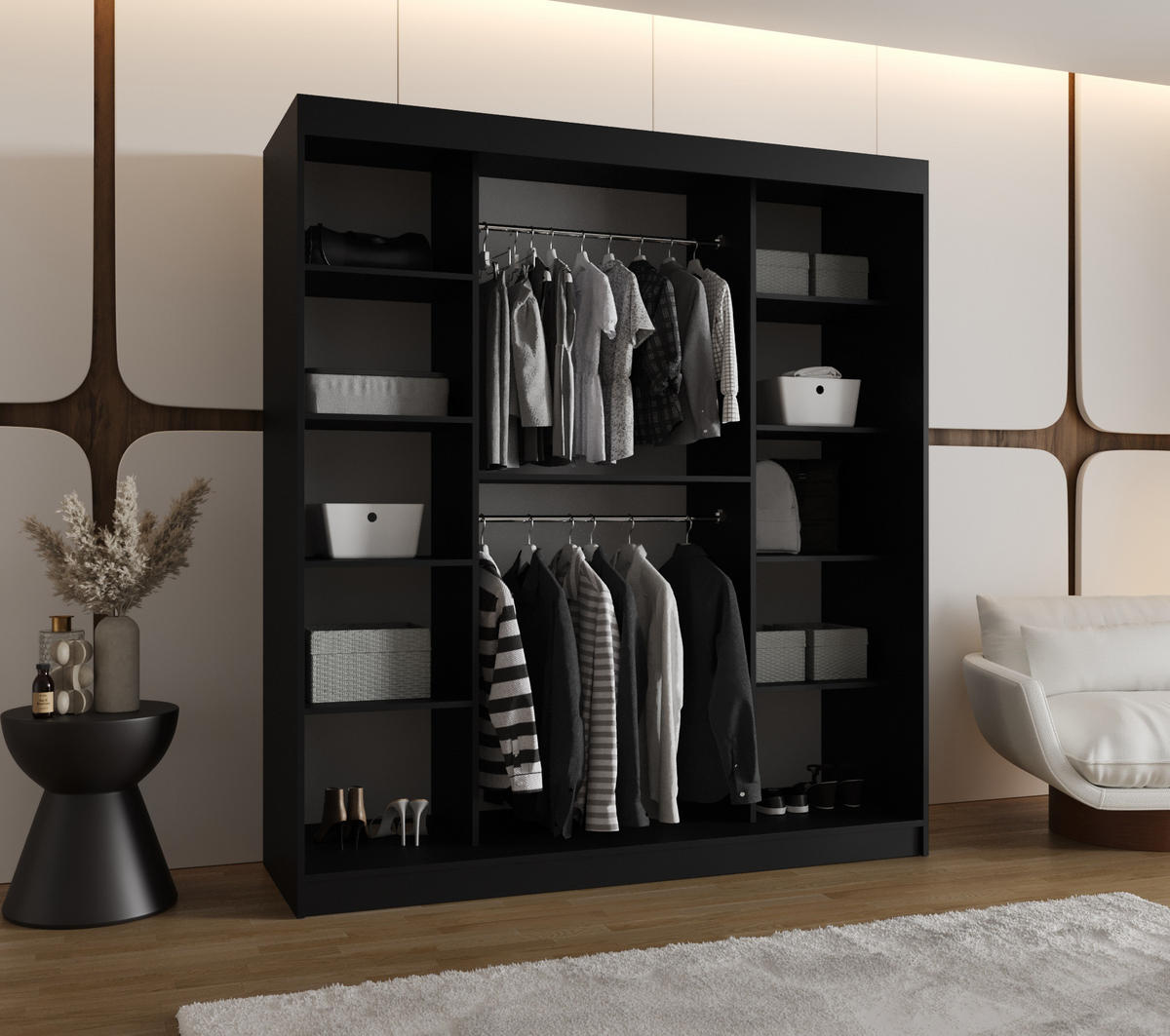 SCHWEBETÜRENSCHRANK 200/180/62 2-türig - Schwarz, Holz (180/200/62cm) - Abiks Möbel