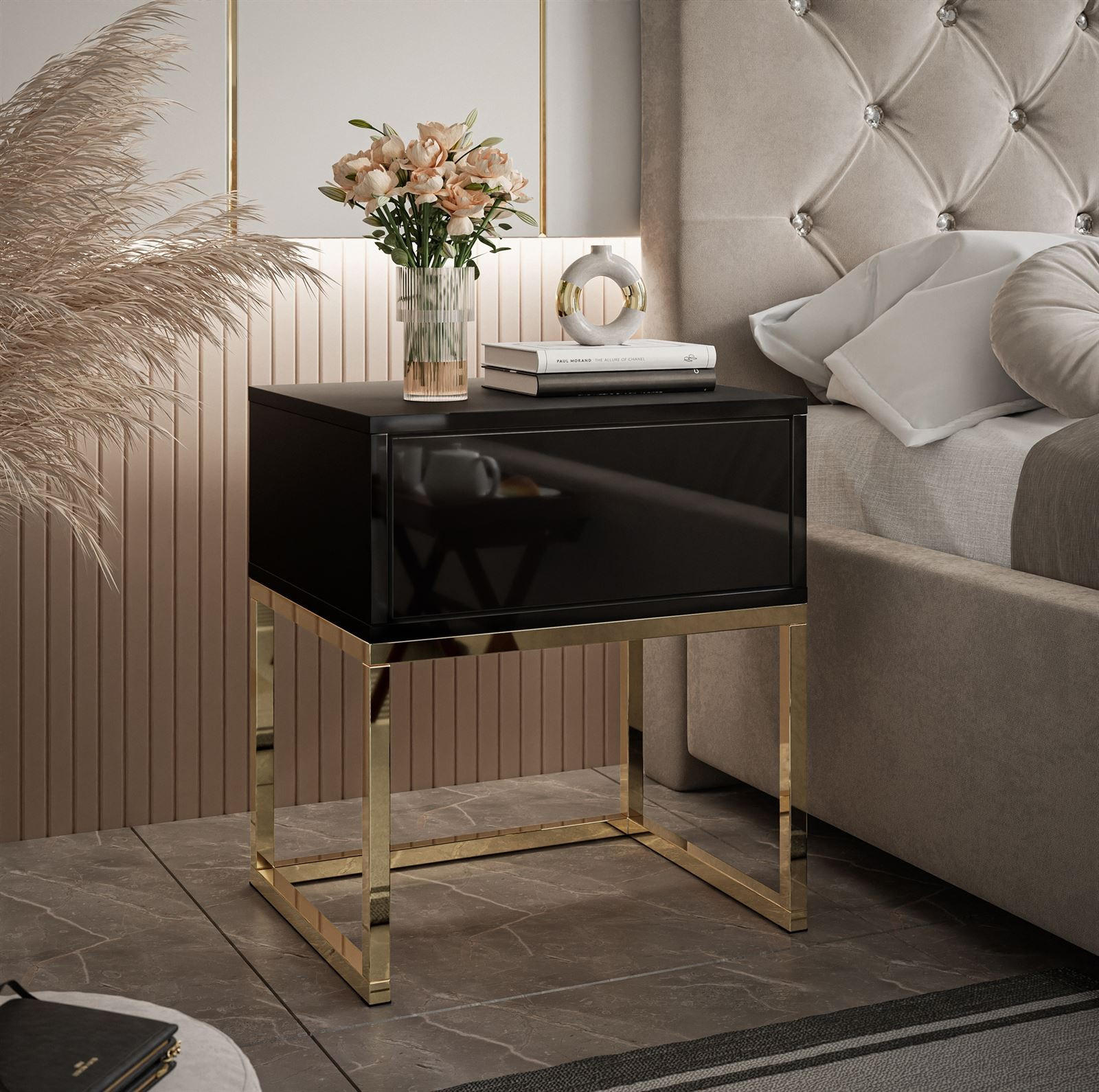 NACHTTISCH BLANCO GOLD Schwarz auf goldenem verchromtem Gestell PUSH OPEN - Schwarz Hochglanz, Holzwerkstoff (45/52/36.6cm) - Lookway