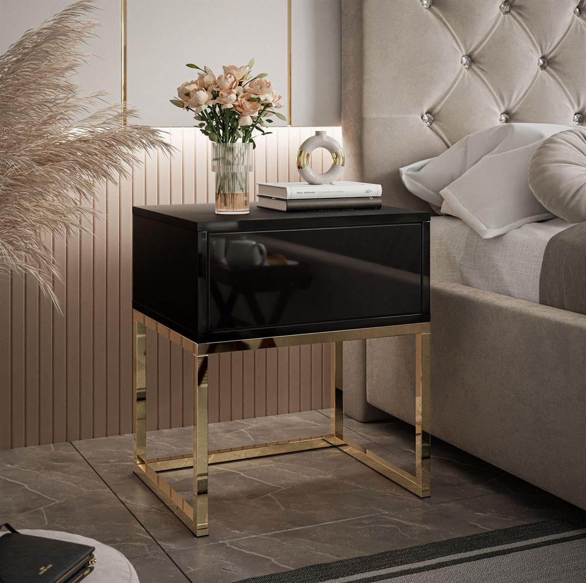 NACHTTISCH BLANCO GOLD Schwarz auf goldenem verchromtem Gestell PUSH OPEN - Schwarz Hochglanz, Holzwerkstoff (45/52/36.6cm) - Lookway