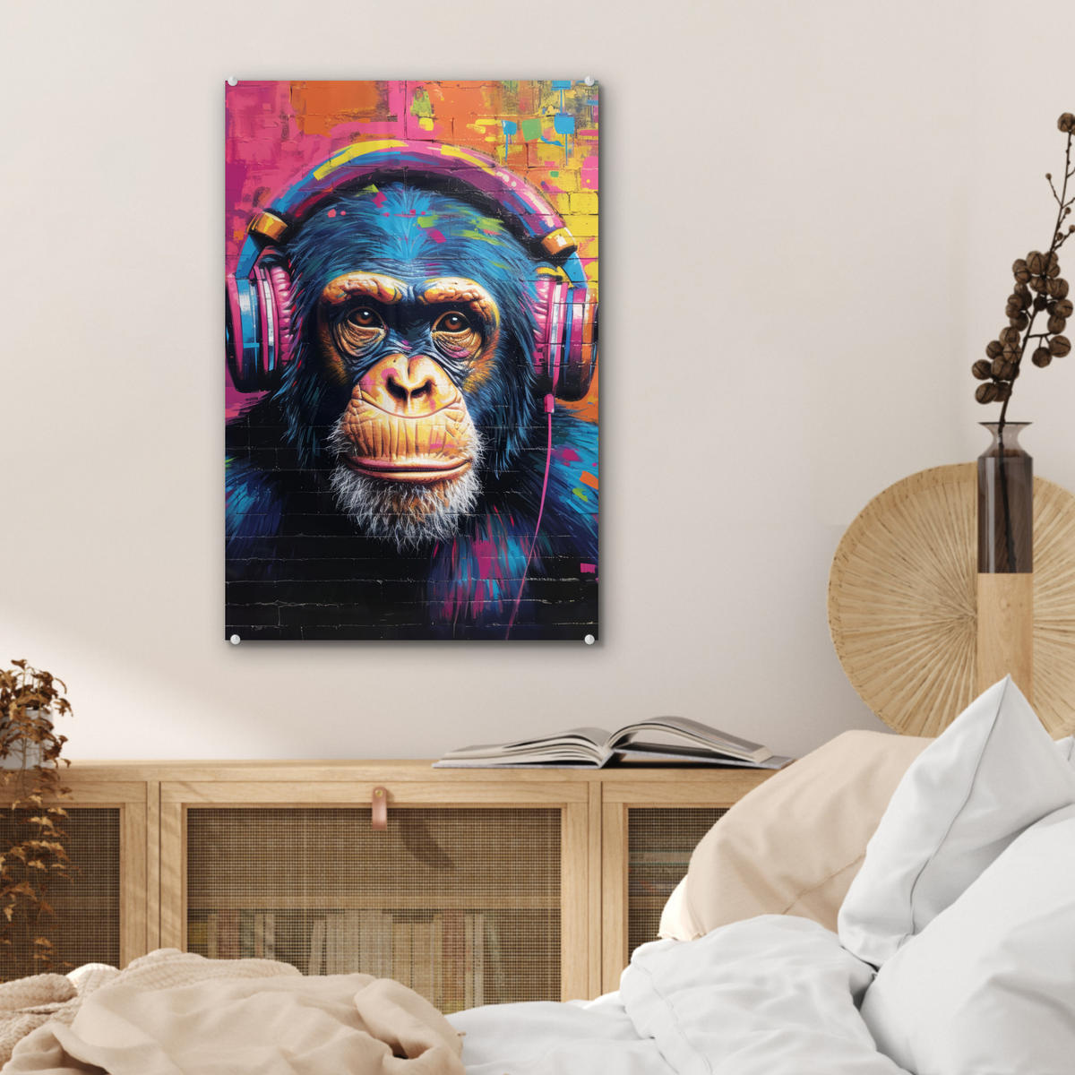 ACRYLGLASBILD Graffiti - Schimpanse - Straßenkunst - Kopfhörer - Affe 40x60 cm - Blau, Glas (40/60cm) - MuchoWow