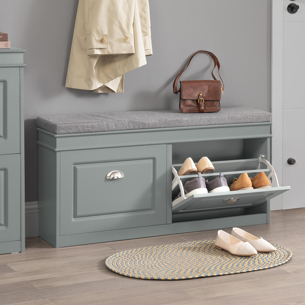 SCHUHBANK Grau - Hellgrau, Holzwerkstoff (104/52/24cm) - SoBuy