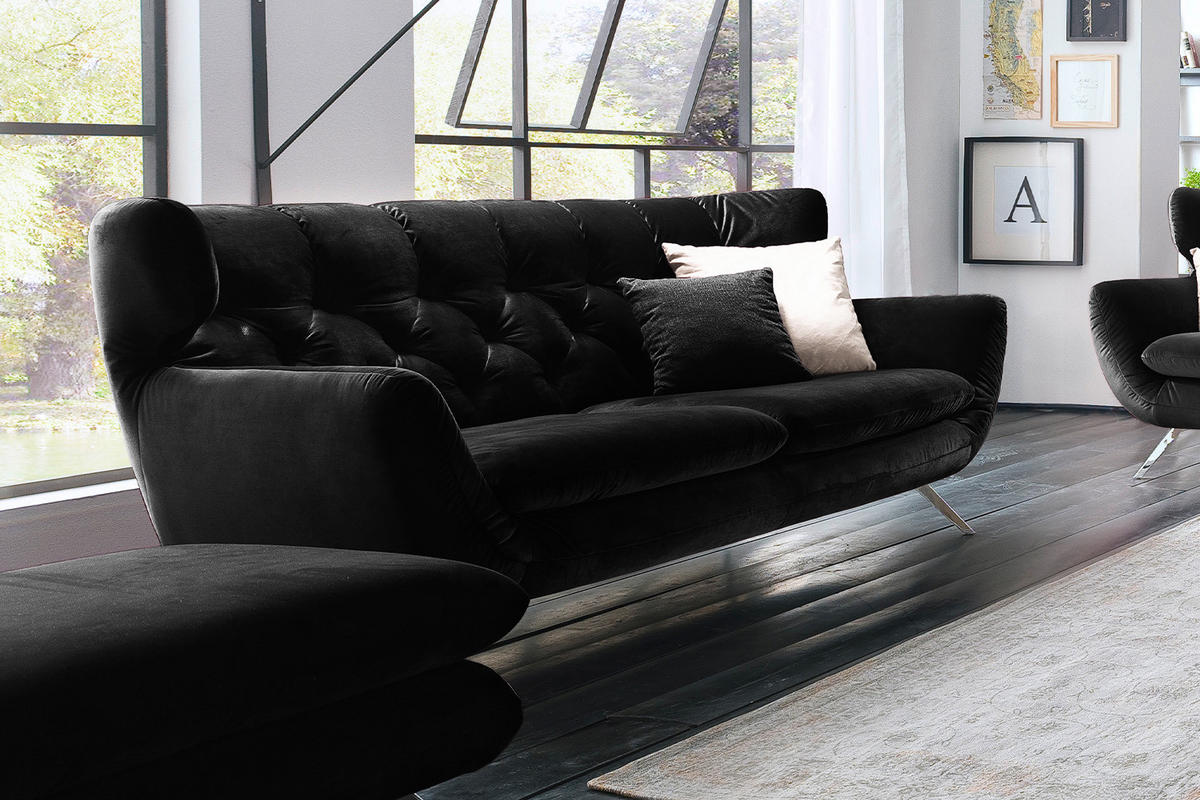 SOFA CHARME Schwarz Velvet - Silberfarben/Schwarz, Textil/Metall (200/94/95cm) - KAWOLA