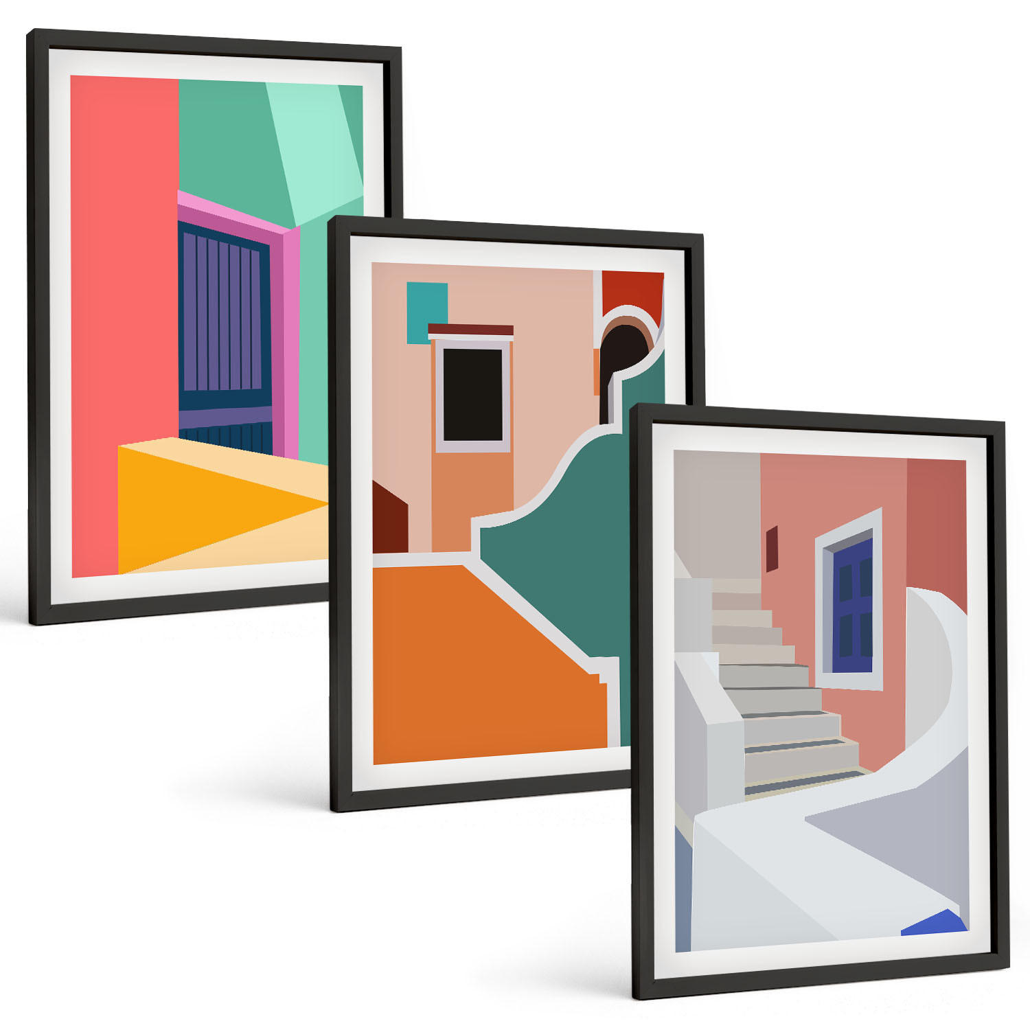 BILDER SET 3er Set - 40x60 cm Schwarzer Rahmen - Farbenfrohe Illustrationen von Gebäuden - Schwarz, Kunststoff (40/60cm) - TULUP