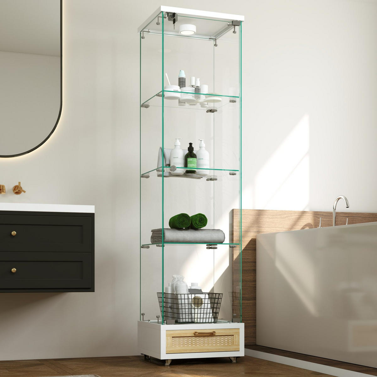 VITRINE 42.5/36.5/167 cm Weiß aus MDF und Glas mit LED-Beleuchtung - Weiß, Holzwerkstoff (36.5/167/42.5cm) - OKMYHOME