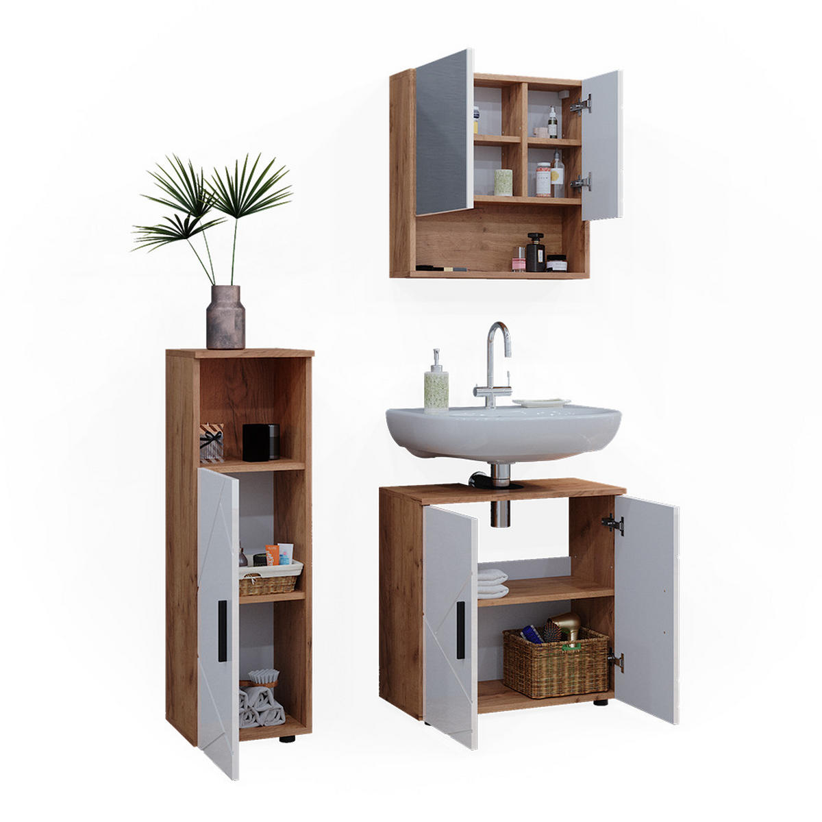 BADMÖBEL-SET Irma Weiß Hochglanz/Goldkraft Eiche 3 Teile - Weiß Hochglanz/Eiche Wotan, Holzwerkstoff (80/58.6/41cm) - Vicco