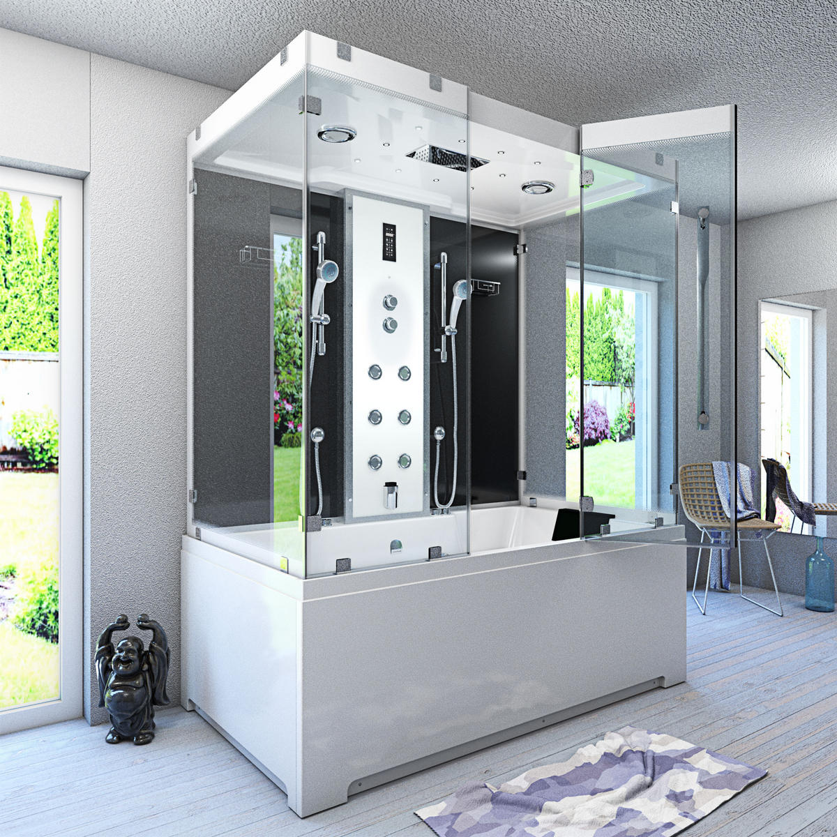 BADEWANNE Dusche K80-SW-EH-B-EC-SC-EA Duschtempel - Schwarz, Glas/Kunststoff (180/100/228cm) - AcquaVapore by Sandra Jentho