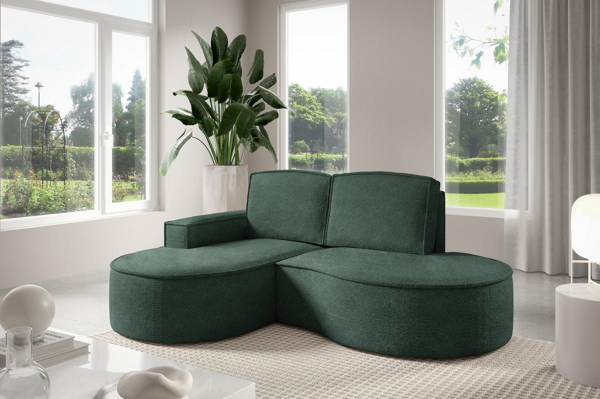 ECKSOFA MOLLY – Halbkreisförmig, Abriamo-Bouclé, Lose Kissen, Bouclé-Bezug, 210x157x88 cm, Links Grün - Jadegrün, Holz/Textil (157/210cm) - DomoHome