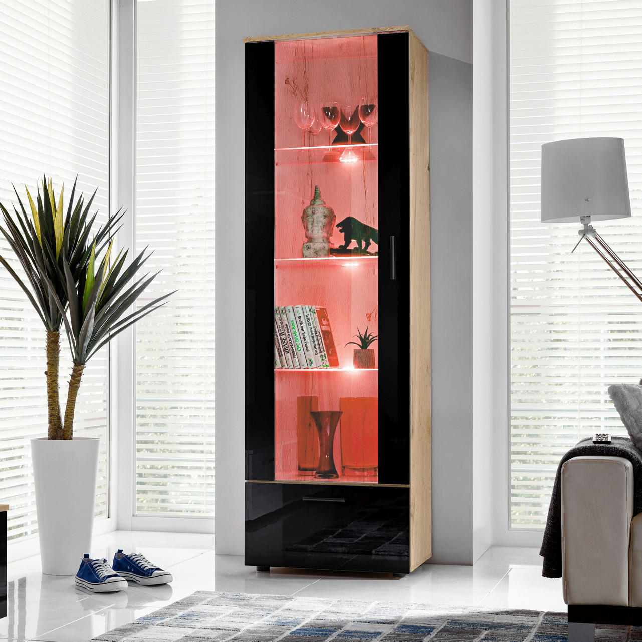 VITRINE ALESSANDRIA, Schwarz, LED Mehrfarbige - Eiche Wotan/Schwarz, Glas/Holzwerkstoff (60/192/42cm) - Komodee