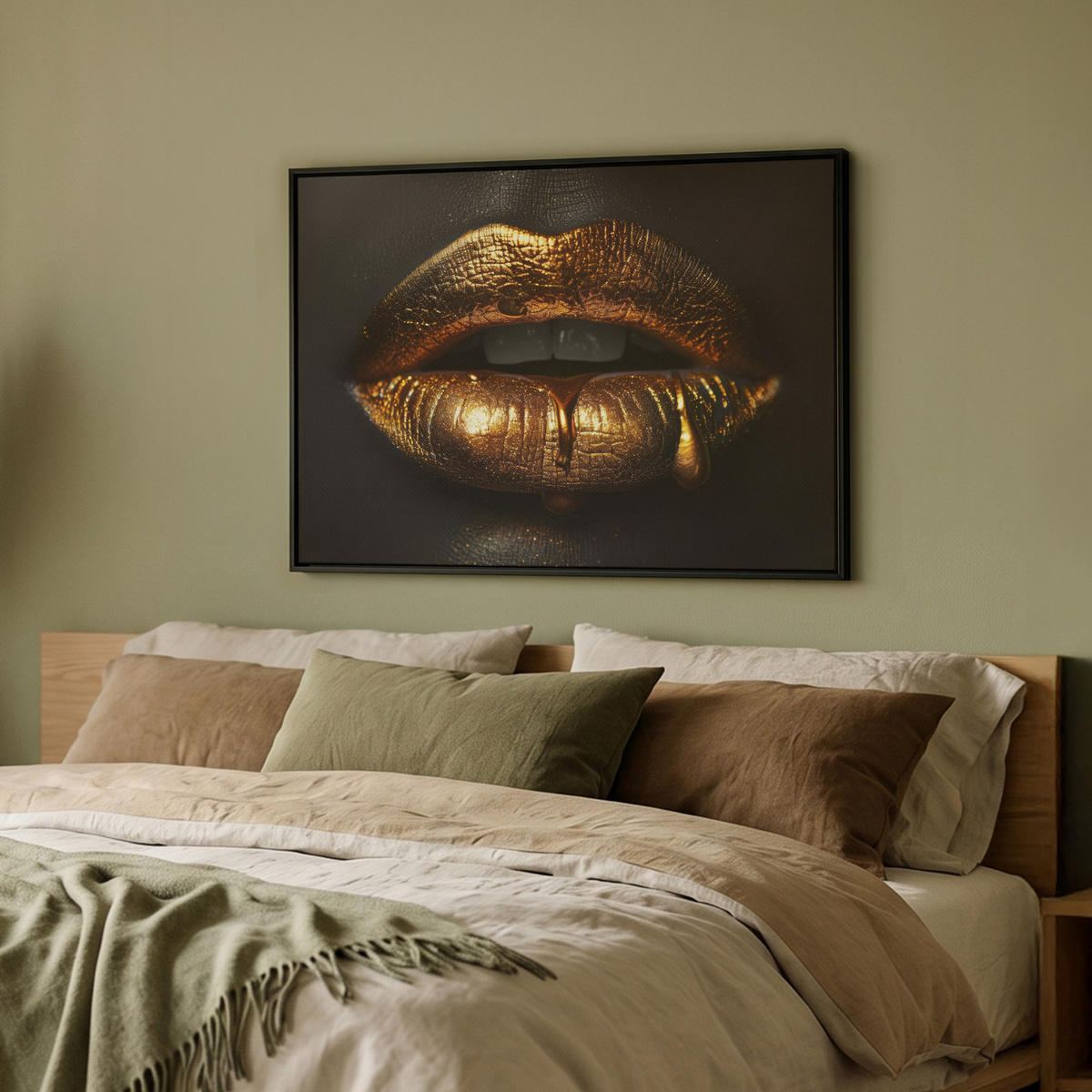 LEINWAND Bilder mit Rahmen - Frau - Porträt - Lippen - Gold - Schwarz - 80x60 - Schwarz, Textil (80/60cm) - MuchoWow