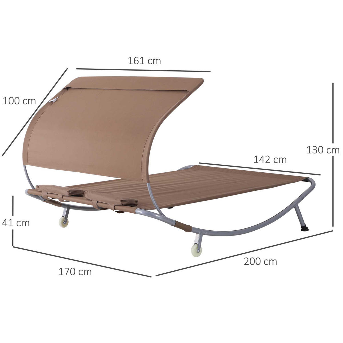 GARTENLIEGE DE-15600 verstellbares Dach, 2 Kissen + Rollen Dunkelbraun - Dunkelbraun, Metall (170/130/200cm) - ComfortXL