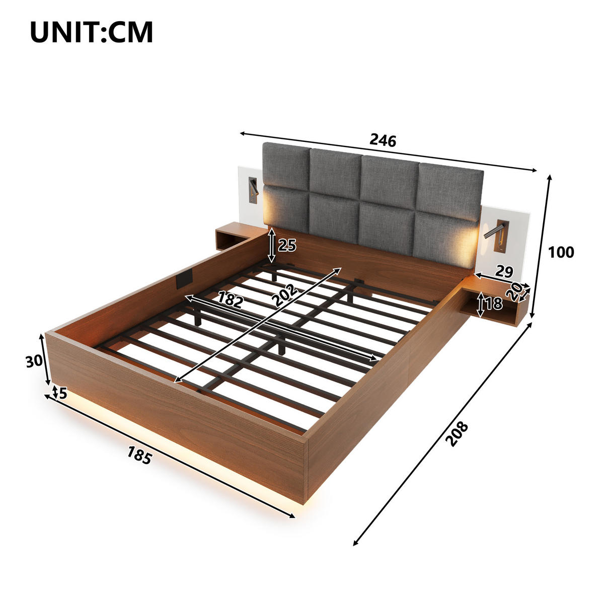 POLSTERBETT 180x200 cm Walnuss/Grau mit Leinen-Kopfteil, LED, USB-Anschlüssen und Nachttischen - Grau, Textil (180/200cm) - Modfu