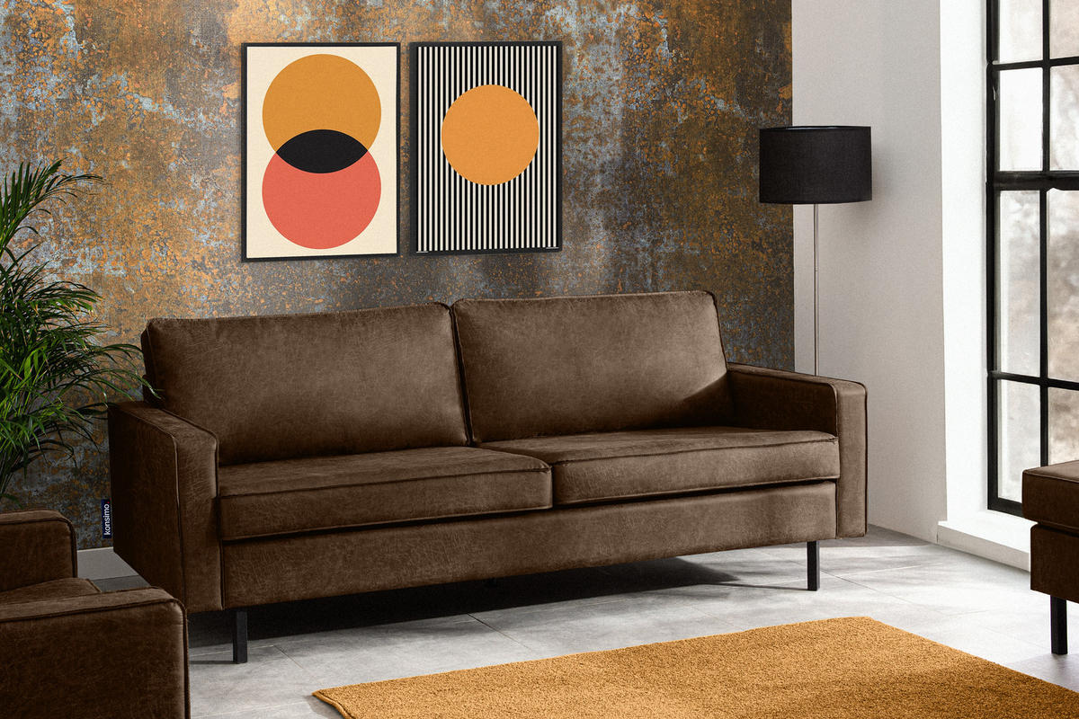 3-SITZER-SOFA INVIA Klassische-Stil mit Armlehnen, Lederoptik-Stoff, dunkelbraun - Dunkelbraun/Schwarz, Textil (209/87/98cm) - KONSIMO®