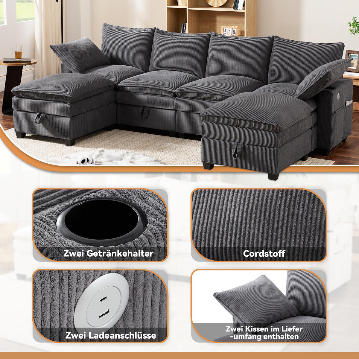 WOHNLANDSCHAFT Cord mit 2 Hockern und USB-Anschluss 280/151/82 cm Grau - Grau, Kunststoff/Textil (82/280/151cm) - Redom