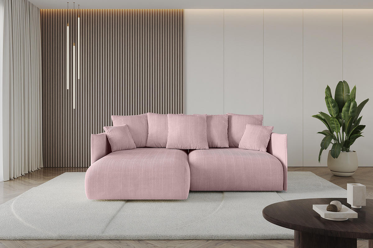 ECKSOFA mit Schlaffunktion und Bettkasten ONESK-L 208x165x40 Rosa Cord - Rosa, Holzwerkstoff/Kunststoff (208/165cm) - ALTDECOR