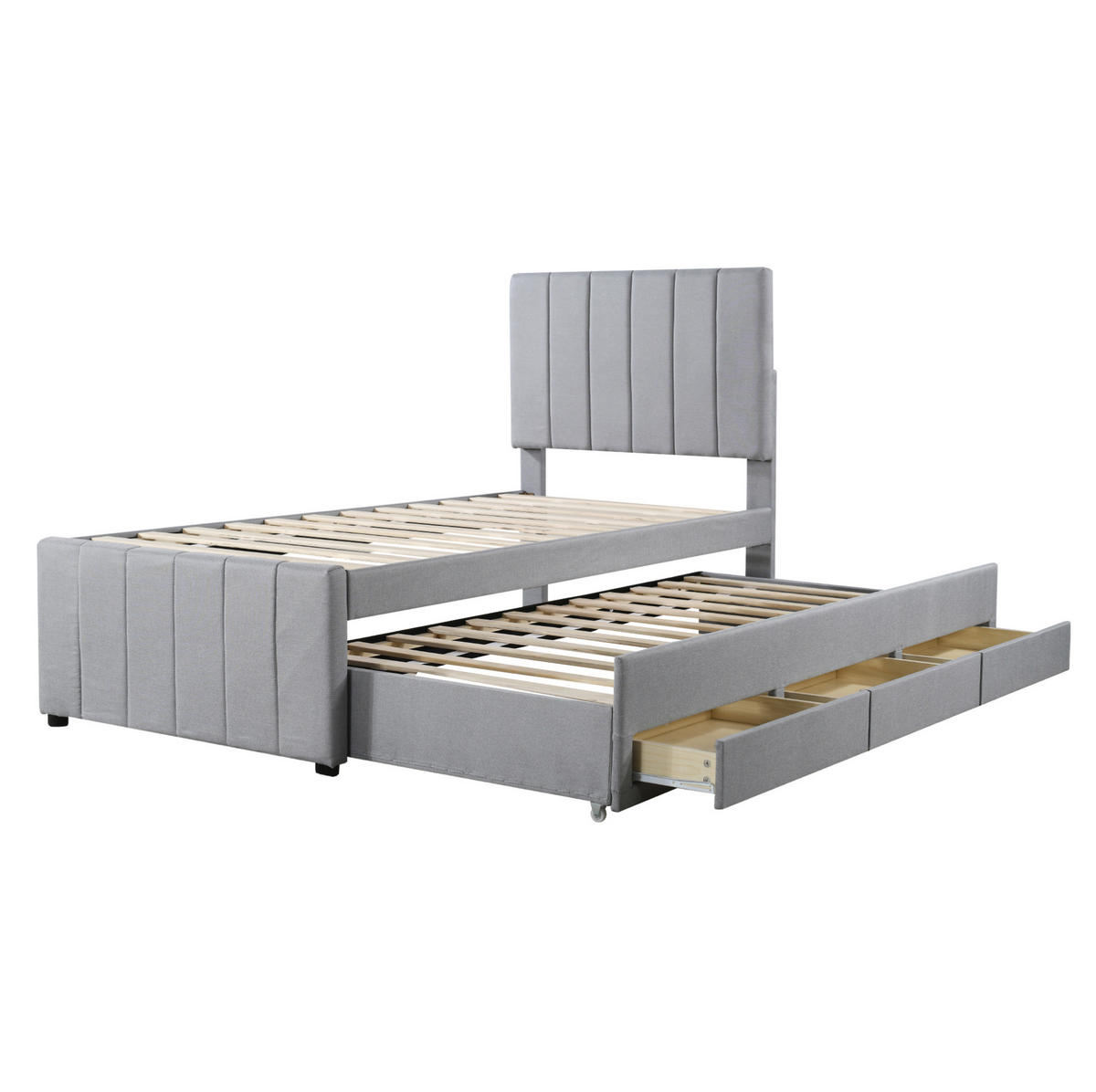 POLSTERBETT 90/200 cm Grau aus Leinen mit Rollbett und Schubladen - Grau, Textil (90/200cm) - OKMYHOME
