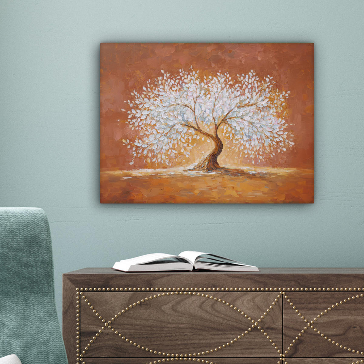 LEINWANDBILD Abstrakt - Baum - Weiß - Blätter Wandbild 40x30 cm - Braun, Textil (40/30cm) - MuchoWow