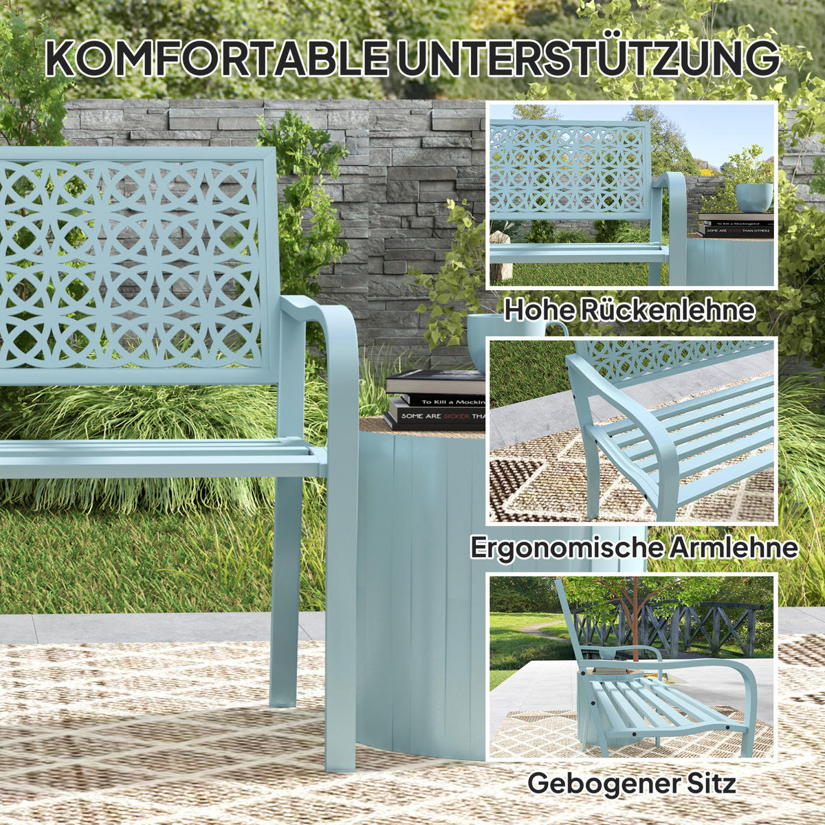 ZAHRADNÍ lavička z oceli 127x63x85 cm modrá s opěradlem a područkami, odolná vůči počasí, pro 2 osoby - modrá, kov (127/83/63cm) - Modfu