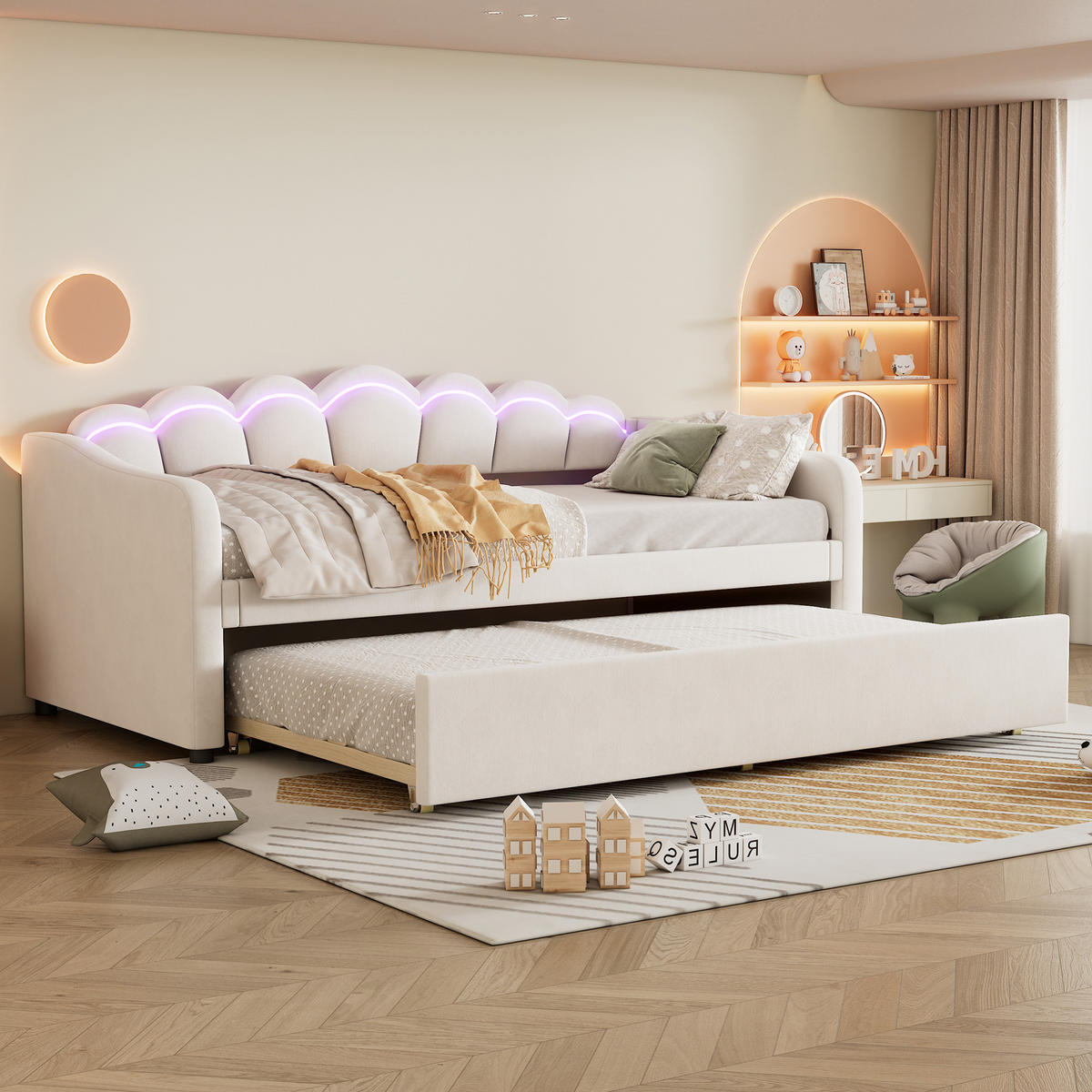 TAGESBETT 90/200 cm Beige mit ausziehbarem Bett und LED-Beleuchtung aus Samt - Beige, Textil (90/200cm) - OKWISH