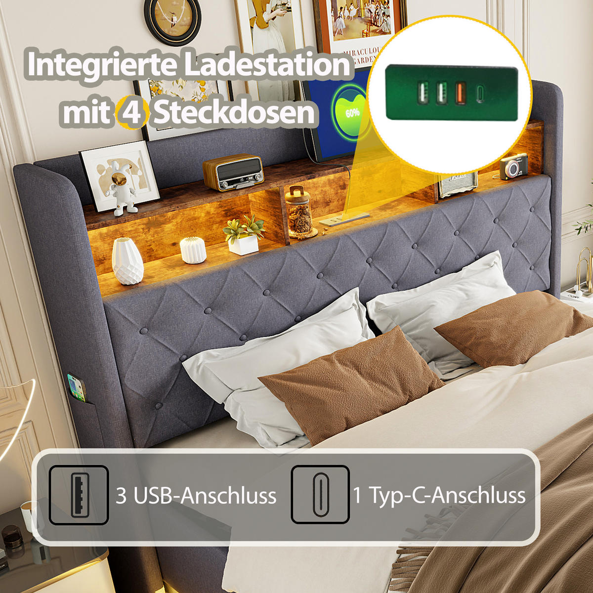 POLSTERBETT 180x200 cm LED USB Stauraum grau - Grau, Textil (180/200cm) - LEBENLANG
