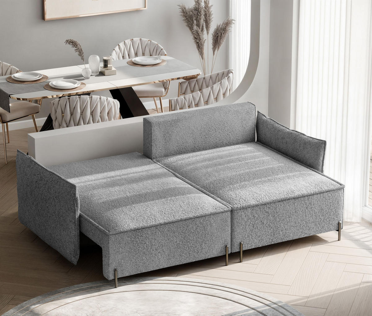 ECKSOFA MARCO Rechts, mit Schlaffunktion und Bettkasten, Hellgrau - Hellgrau, Textil/Metall (221/148cm) - Idohome