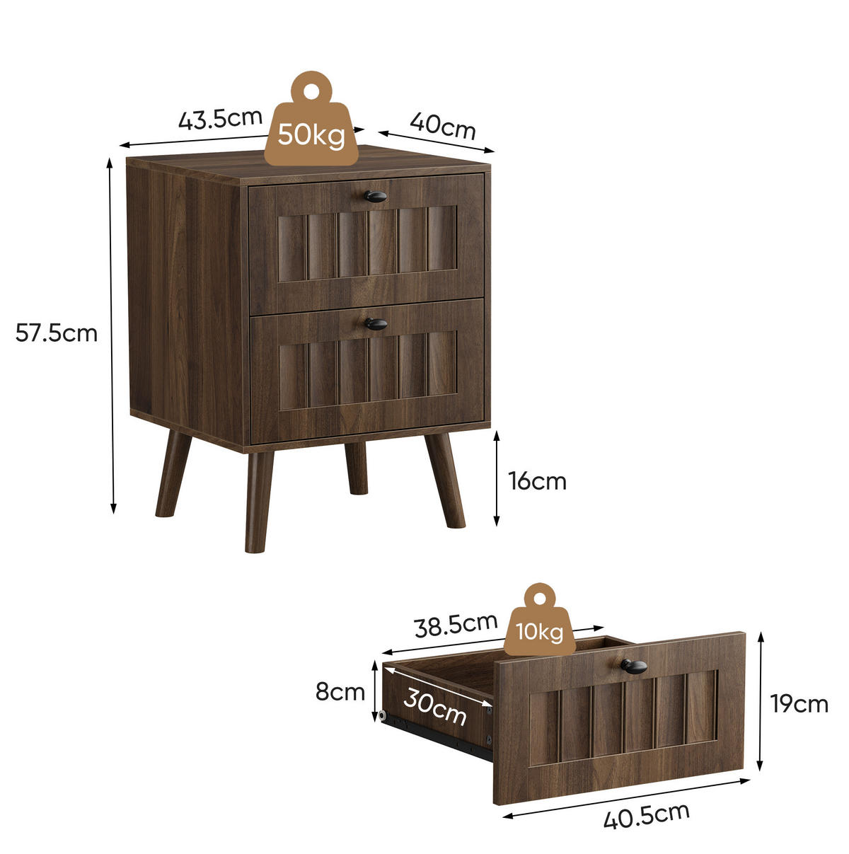 NACHTTISCH aus MDF und Spanplatte 43,5x40x57,5 cm Walnuss mit 2 Schubladen und gerillter Front - Walnussfarben, Holzwerkstoff (43.5/58/40cm) - Modfu