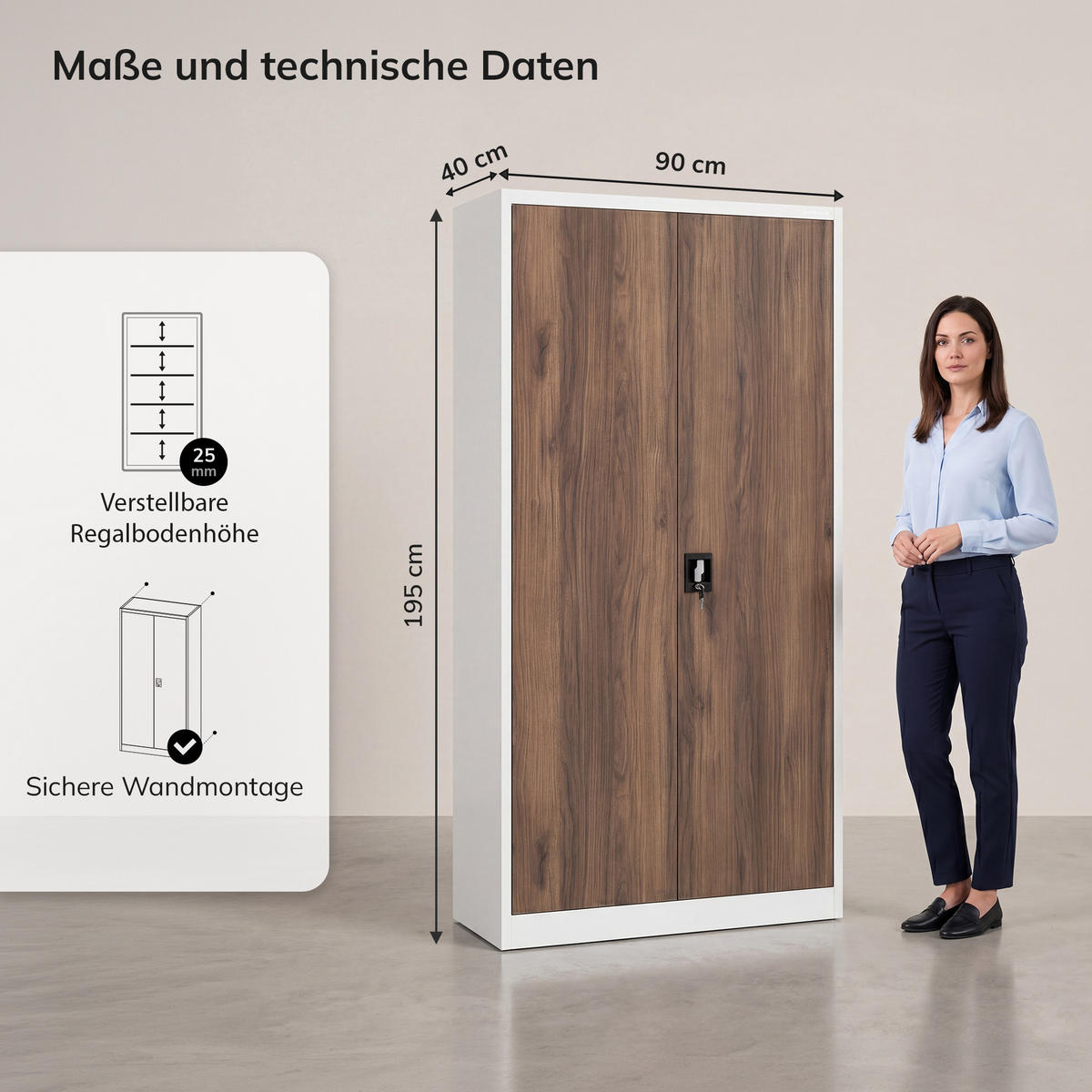 BÜRO-AKTENSCHRANK JAN H 195x90x40 cm - Nussbaumfarben/Weiß, Metall (90/195/40cm) - Jan Nowak