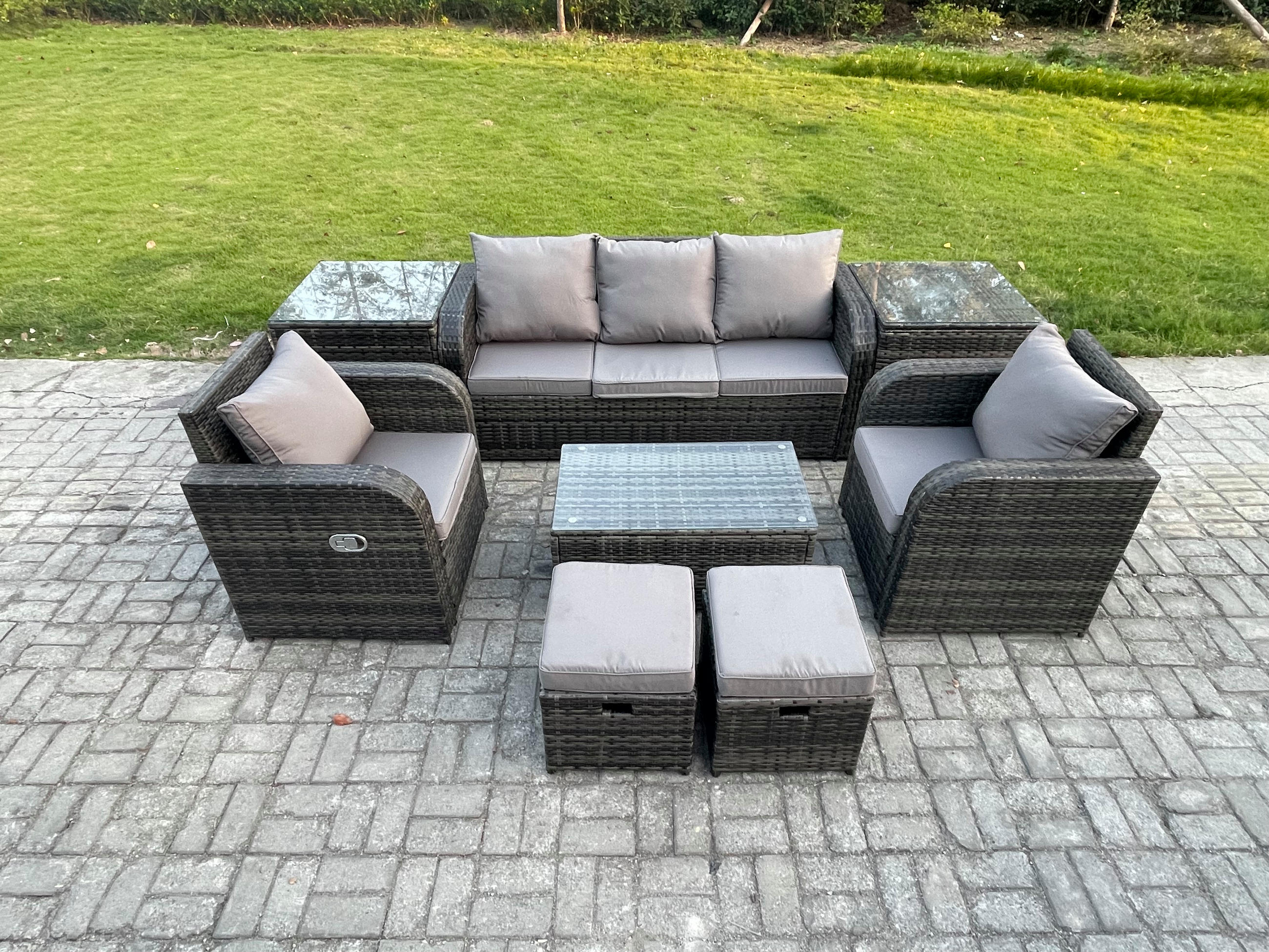 GARTENMÖBELSET mit Couchtisch Polyrattan 7-Sitzer - Dunkelgrau/Grau, Glas/Kunststoff - Fimous