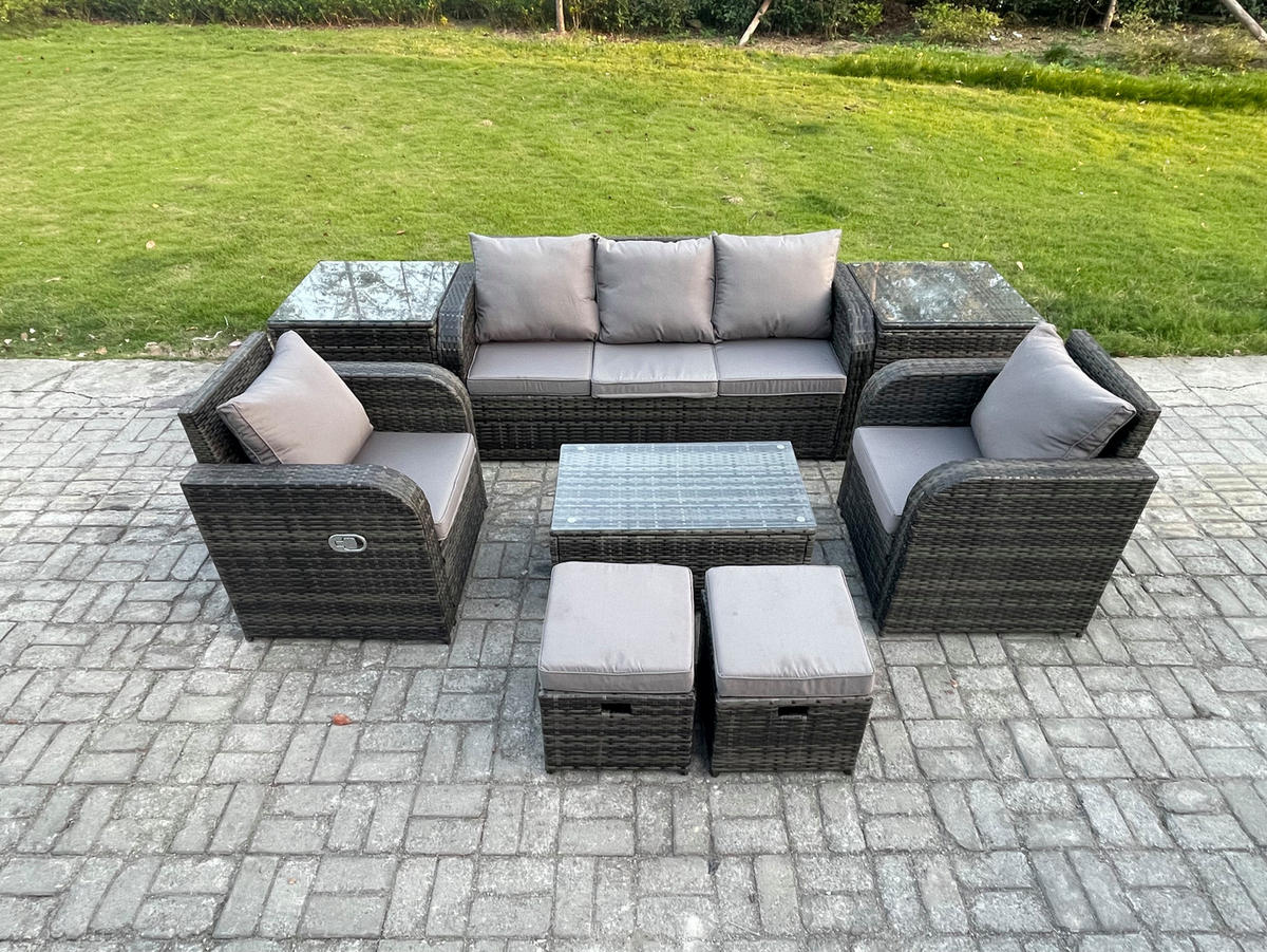 GARTENMÖBELSET mit Couchtisch Polyrattan 7-Sitzer - Dunkelgrau/Grau, Glas/Kunststoff - Fimous