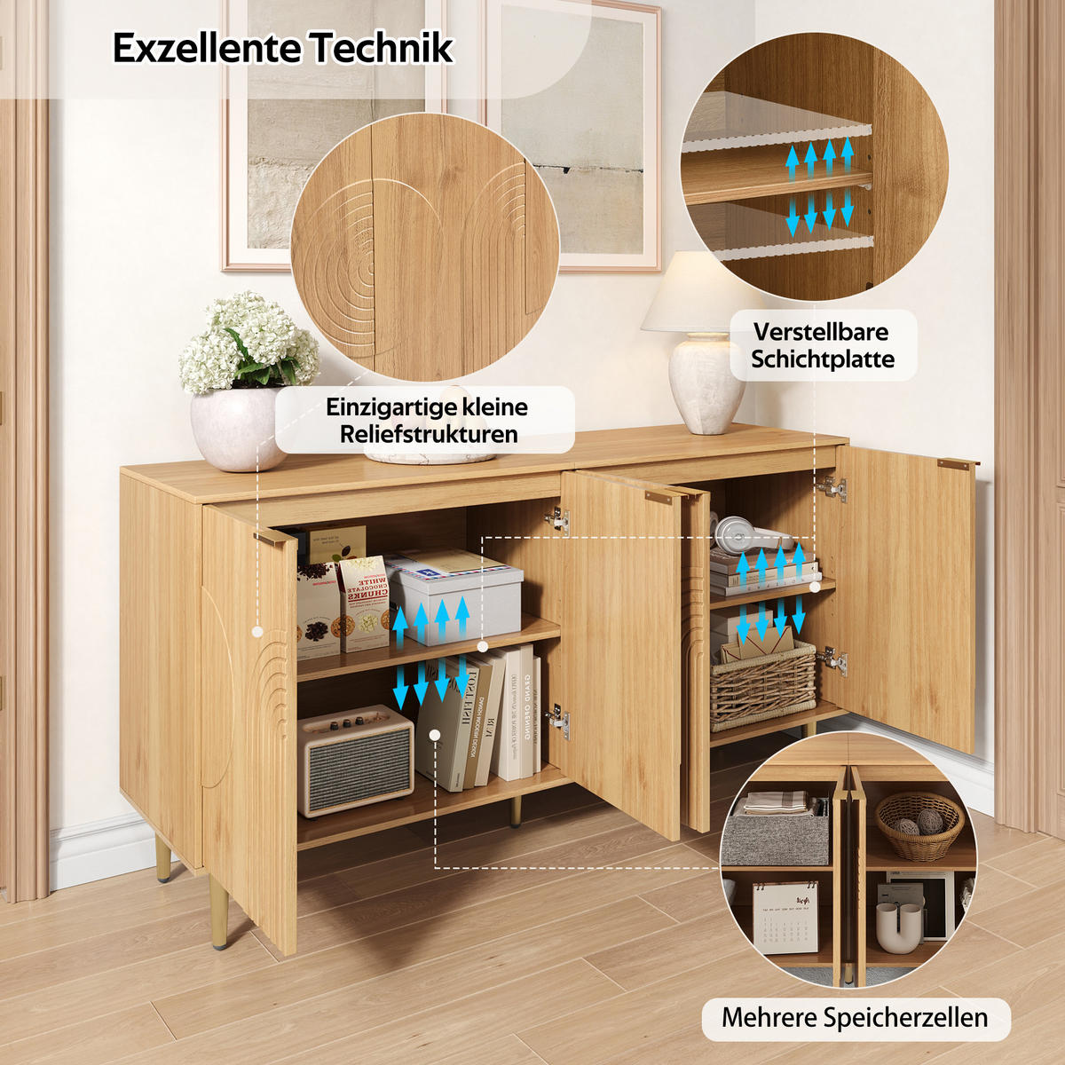 SIDEBOARD 140cm modern Stauraum Anrichte Buffet Wohnzimmer - Naturfarben, Holzwerkstoff (40/72/140cm) - FLIEKS