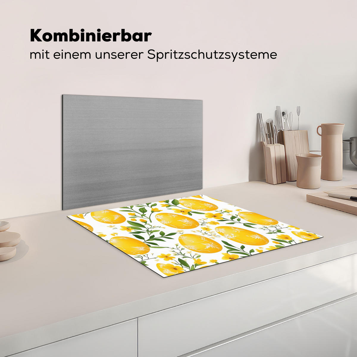 HERDABDECKPLATTE Blumen - Ostereier - Gelb Abdeckung Ceranfeld 59x51 cm - Gelb, Kunststoff (59/51/0.2cm) - MuchoWow
