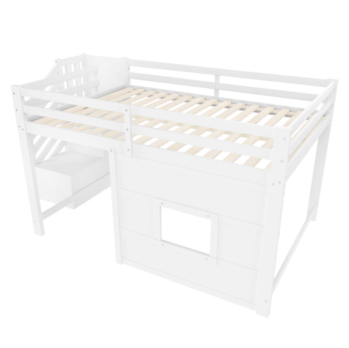 VISOKI krevet 140/200 cm od MDF-a i borovine sa spremišnim stepenicama, LED osvjetljenjem i prozorom, bijeli - bijela, drvni materijal (140/200cm) - Redom