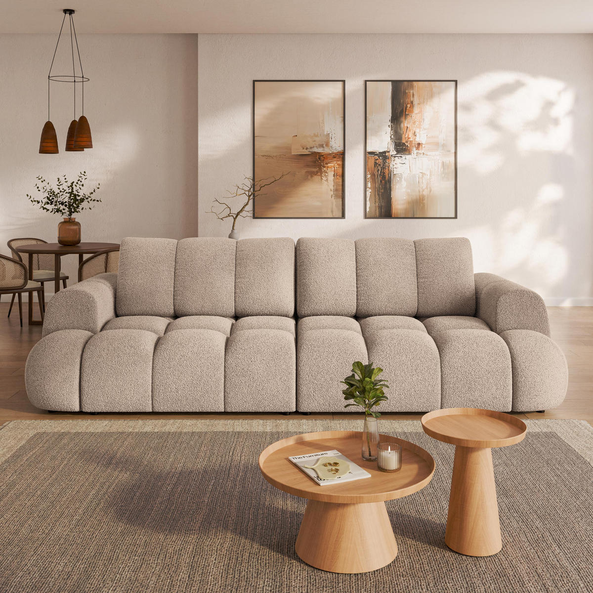 BETTSOFA DAFNE Beige Bucle-Stoff mit Schlaffunktion - Beige, Textil (300/88/113cm) - MASSENO