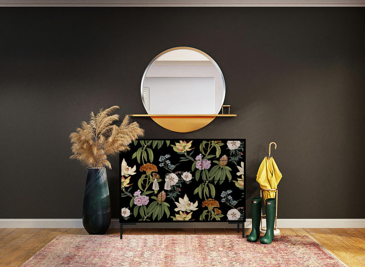 KOMMODE 2 Türen und 4 Schubladen MDF schwarzem Blumendruck WILMA JARA - Multicolor/Schwarz, Holzwerkstoff (45/84/113cm) - RNT By Really Nice Things