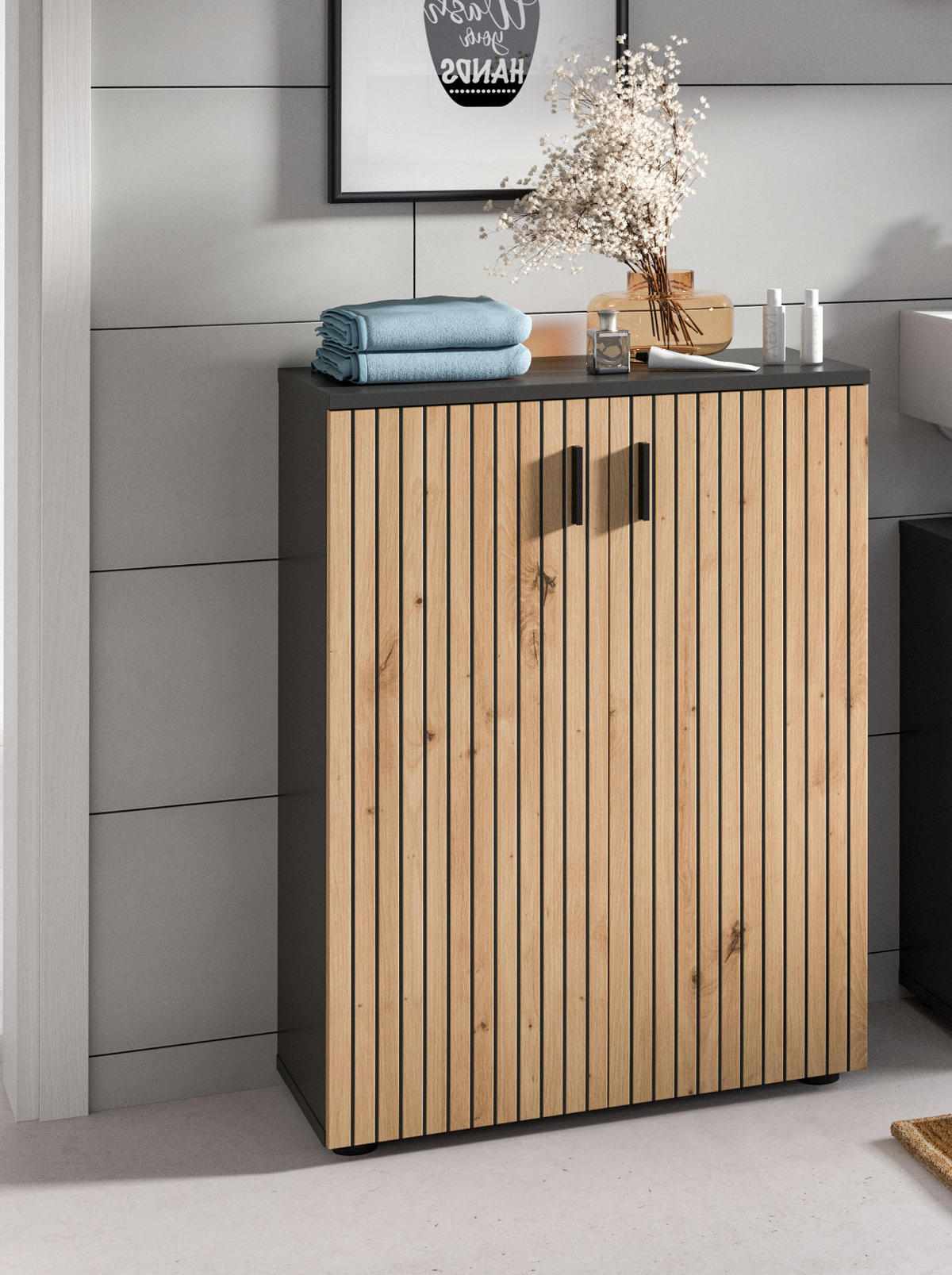 KOMMODE Eiche, grau 60 cm, Badschrank mit Rillen-Optik - Schwarz/Eiche Artisan, Holzwerkstoff/Kunststoff (60/81/30cm) - Inn.Furn