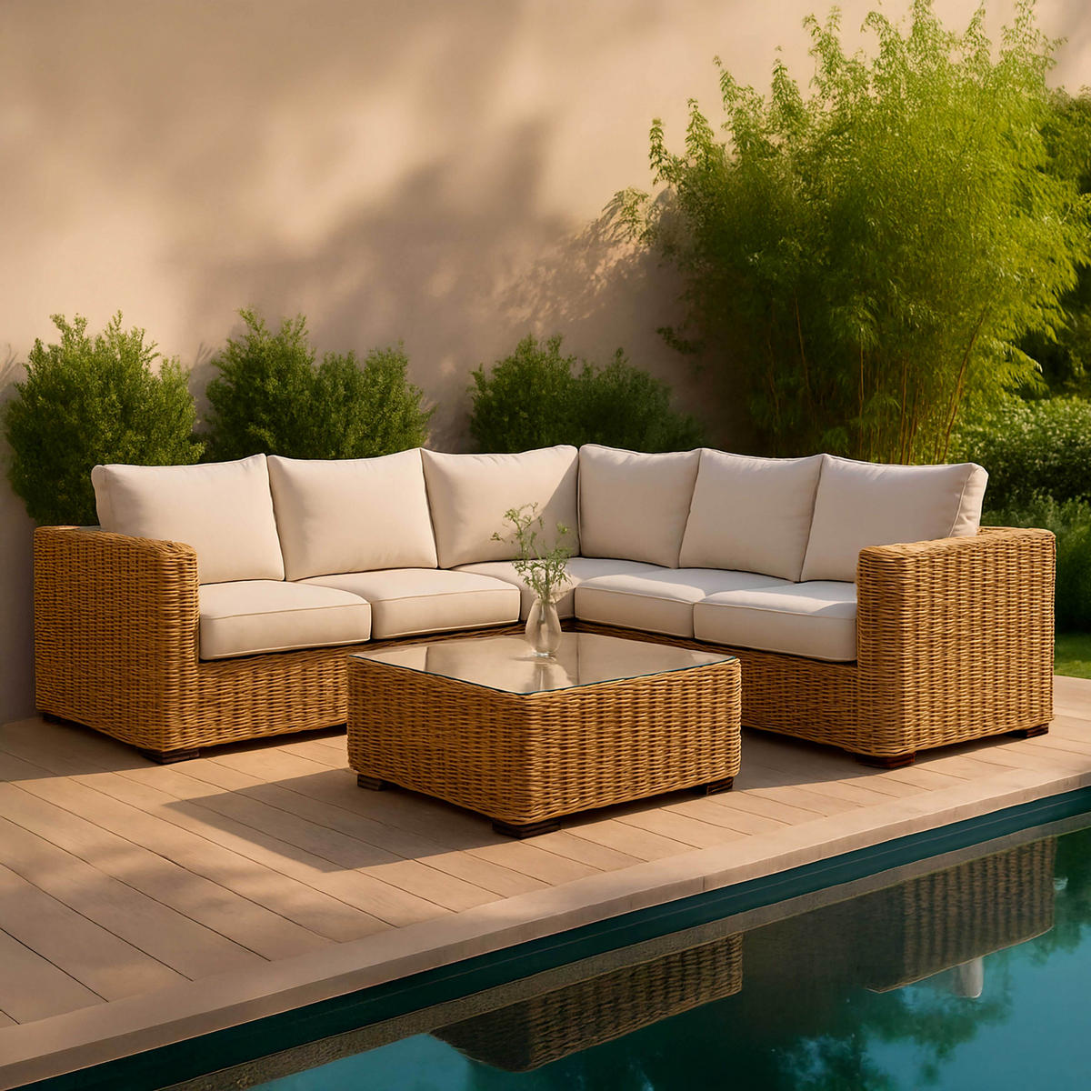 GARTEN-LOUNGEGARNITUR 6-Sitzer, Weiß - Weiß, Naturmaterialien - Oviala