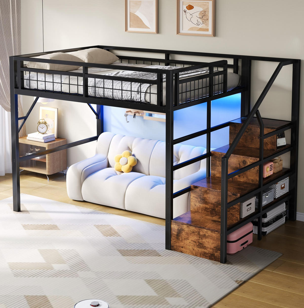 HOCHBETT 140/200 cm aus Metall mit LED-Beleuchtung und Stauraumtreppe - Schwarz, Metall (140/200cm) - Flora Grace