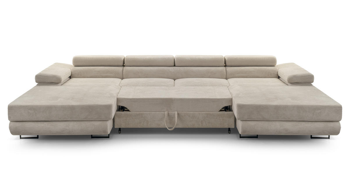 WOHNLANDSCHAFT GIULIO Beige Velours-Stoff mit Schlaffunktion - Beige, Holz (352/90/202cm) - MASSENO