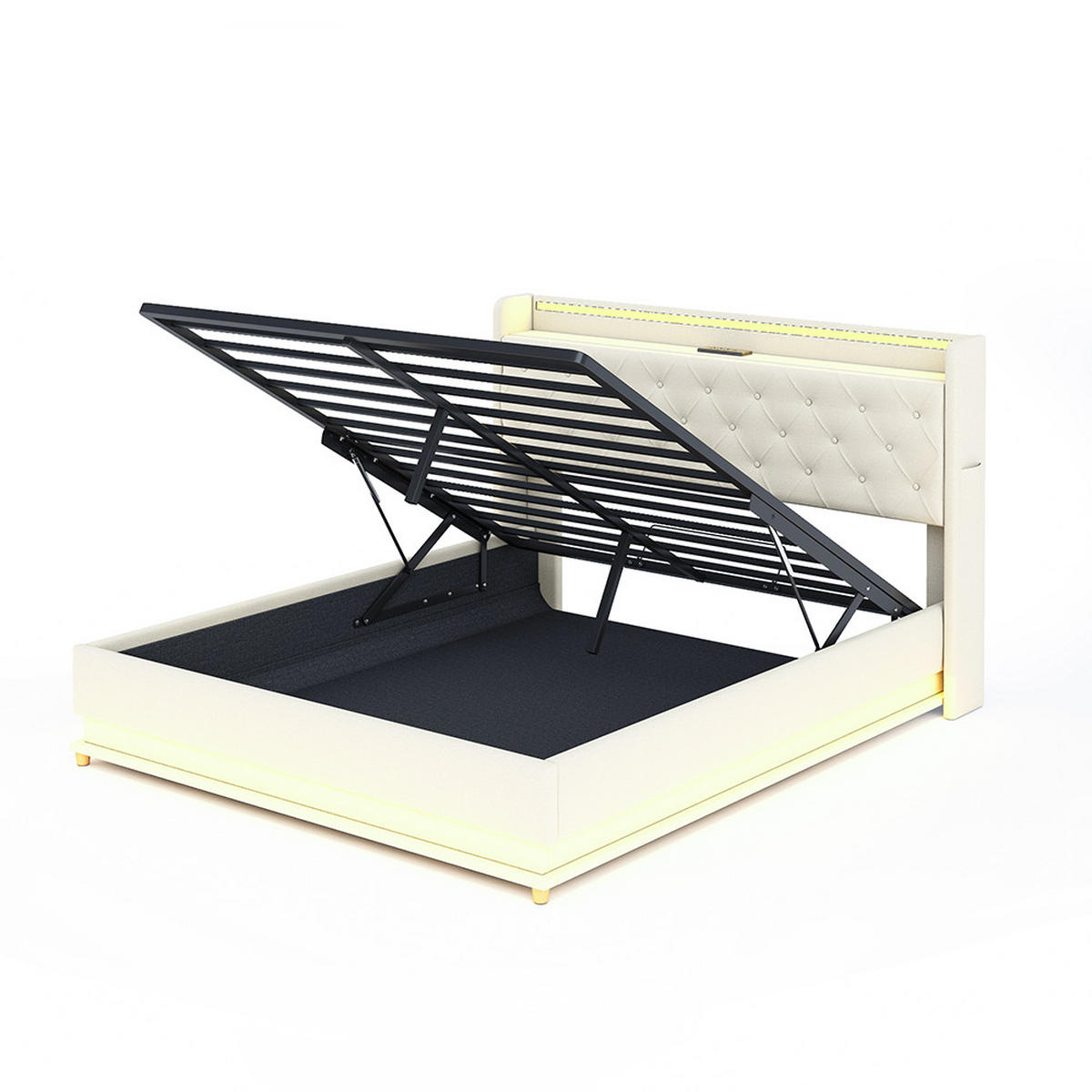 POLSTERBETT 160x200cm, mit USB-Ladeanschluss, Leinen , Beige - Beige, Textil/Metall (160/200cm) - KOMHTOM