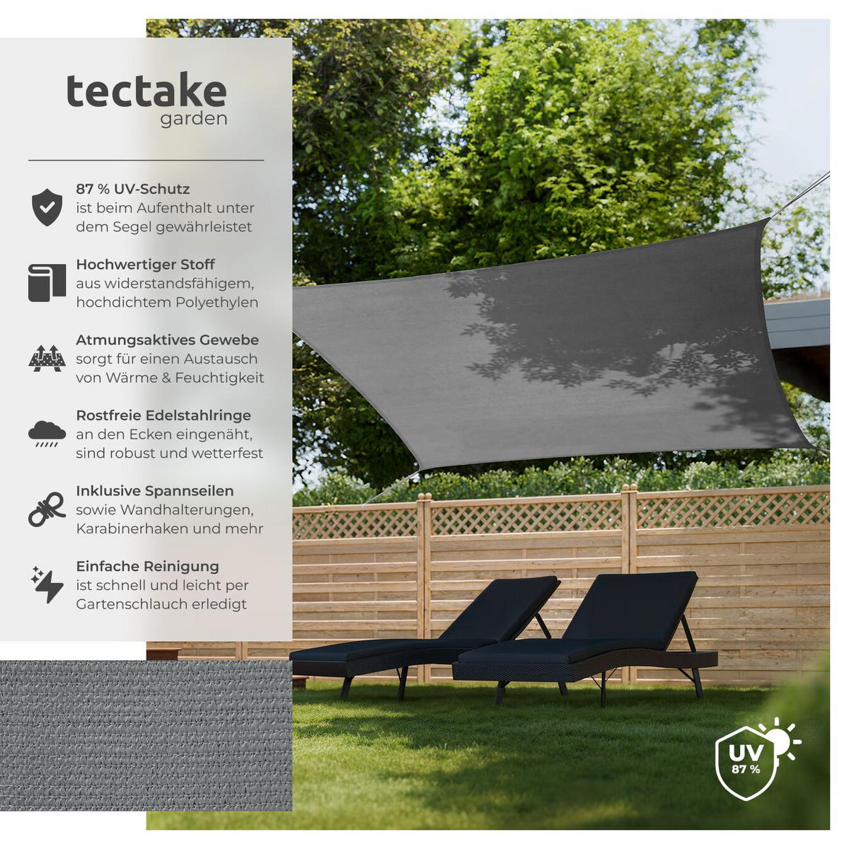 SONNENSEGEL Sunny,umfangreiches Montagematerial,grau - Grau, Kunststoff (400/300cm) - tectake