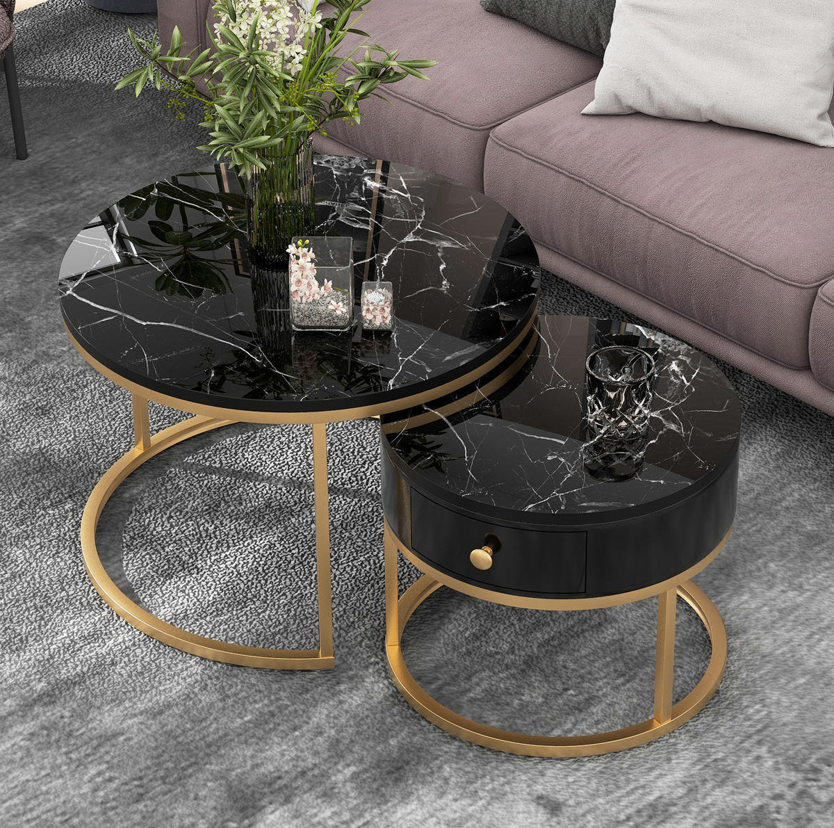 COUCHTISCH-SET 70/70/48 und 50/50/43,5 cm, rund, aus MDF mit Nesting-Design, Hochglanz-Marmormuster und Metallgestell, Schwarz - Schwarz, Holzwerkstoff (70/70/48cm) - Redom