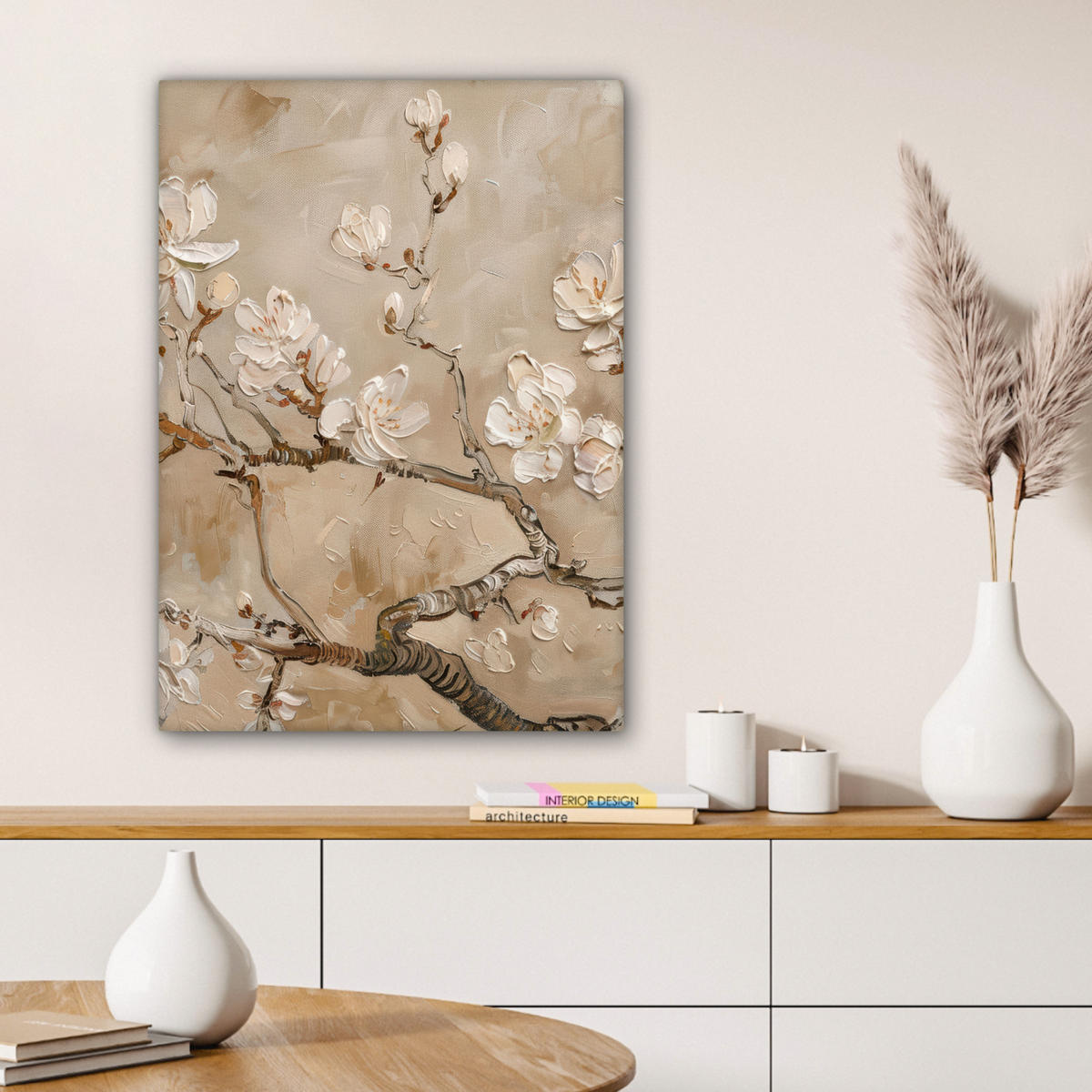 LEINWANDBILD - Blumen - Modern - Beige - Weiß - Blüte - 60x80 - Gemälde - Beige, Textil (60/80cm) - MuchoWow