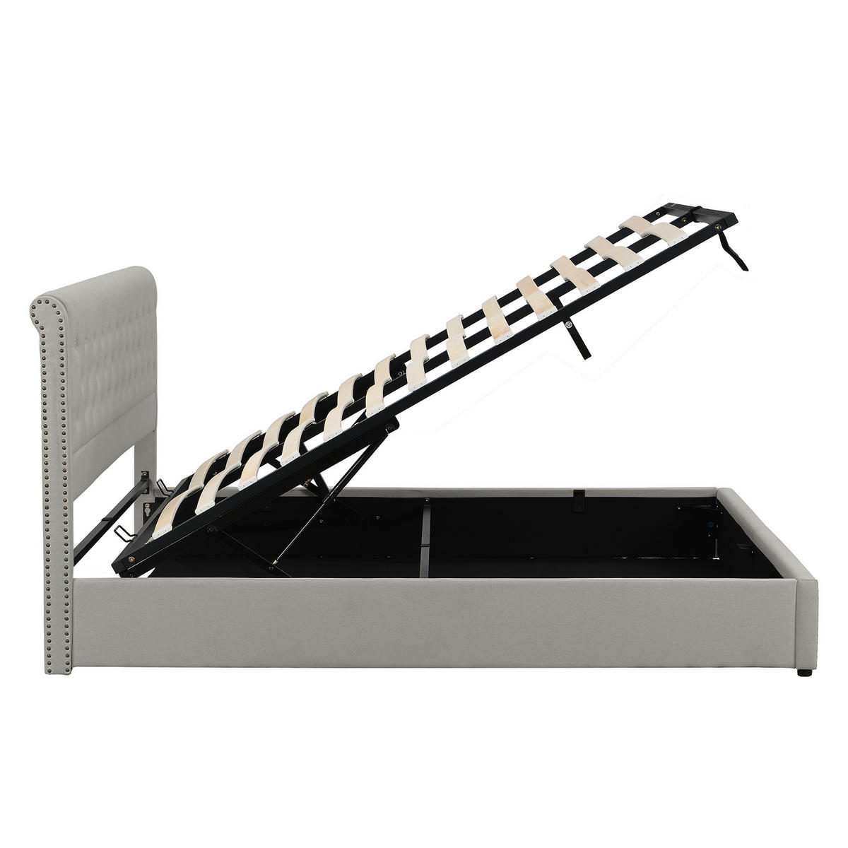 POLSTERBETT 160/200 cm Hellgrau mit Hydraulik und Nietenverzierung - Grau, Textil (160/200cm) - OKWISH