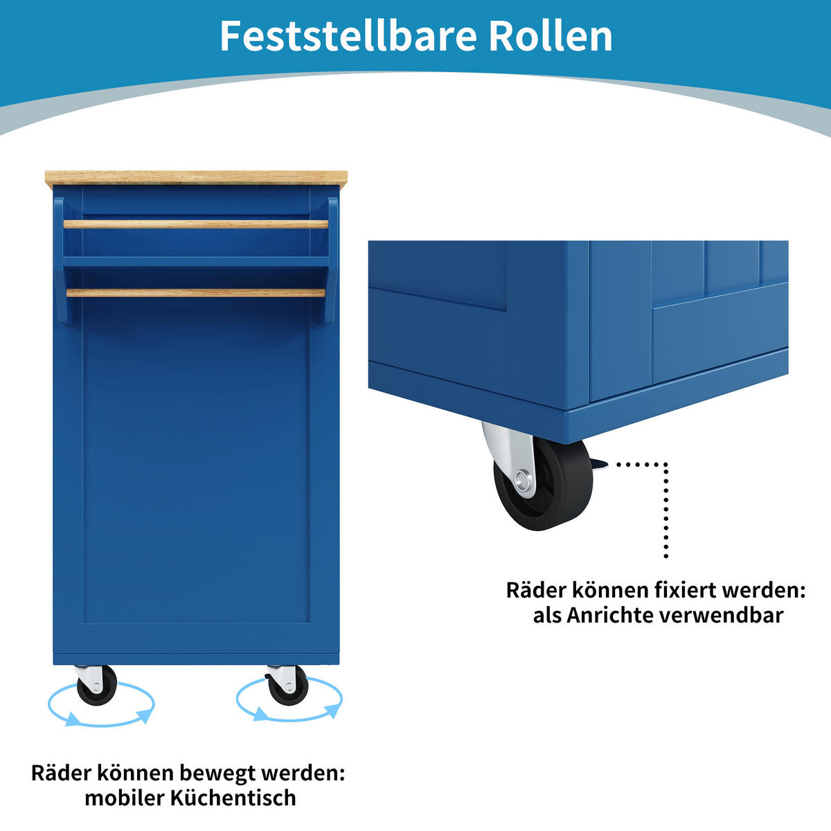 KÜCHENINSEL 102/45/92 cm Blau mit Weinregal, Seitenfach, verstellbaren Fächern und 360° Rollen - Blau, Holz/Holzwerkstoff (102/92/45cm) - Oxeza